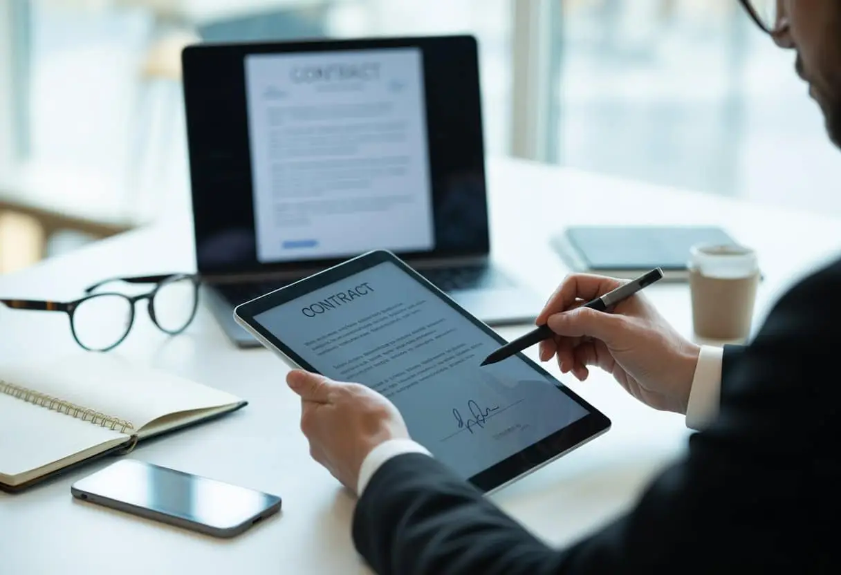 Wanneer is een digitaal getekend contract ongeldig? Uitleg & Valkuilen 2 Iemand die met een digitale pen over een tablet gaat om een contract te ondertekenen, met een laptop en kantoorartikelen op een bureau.