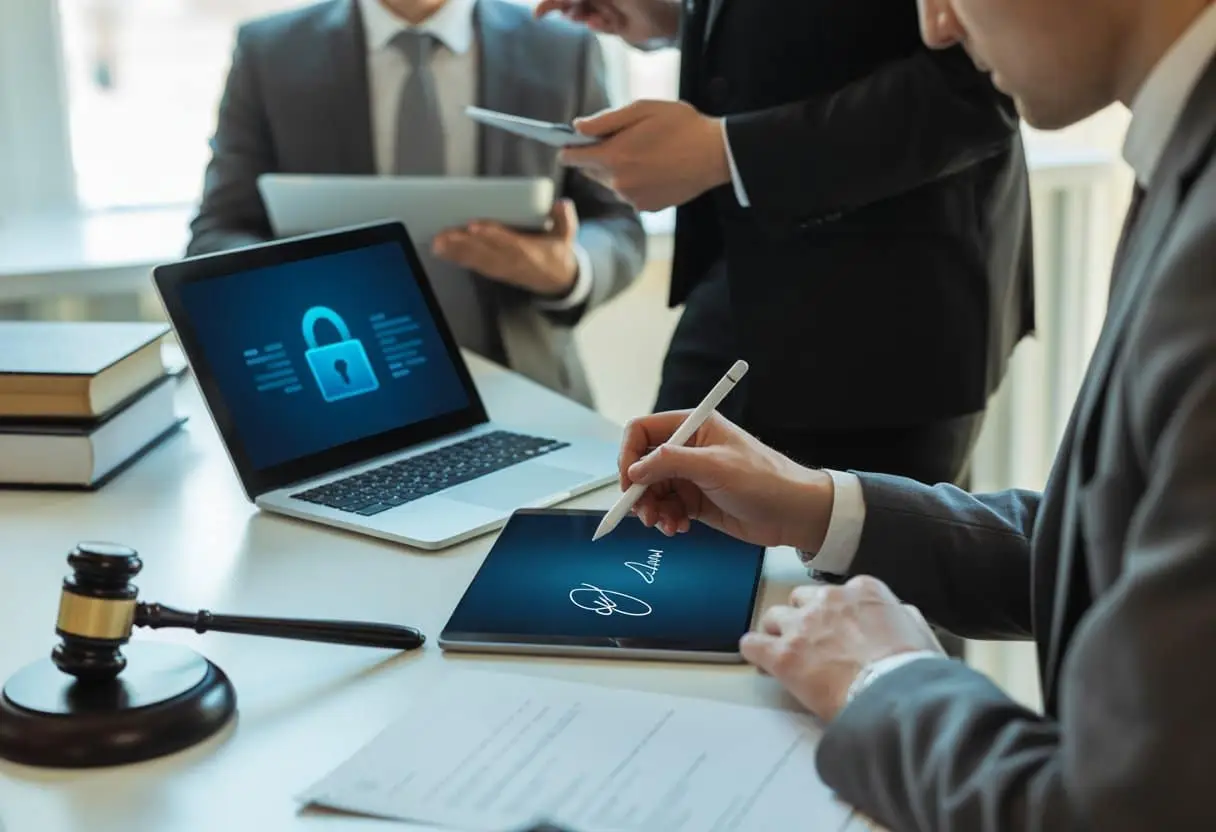 Wanneer is een digitaal getekend contract ongeldig? Uitleg & Valkuilen 3 Een groep zakelijke professionals die digitale contracten ondertekenen en bespreken in een moderne kantooromgeving.