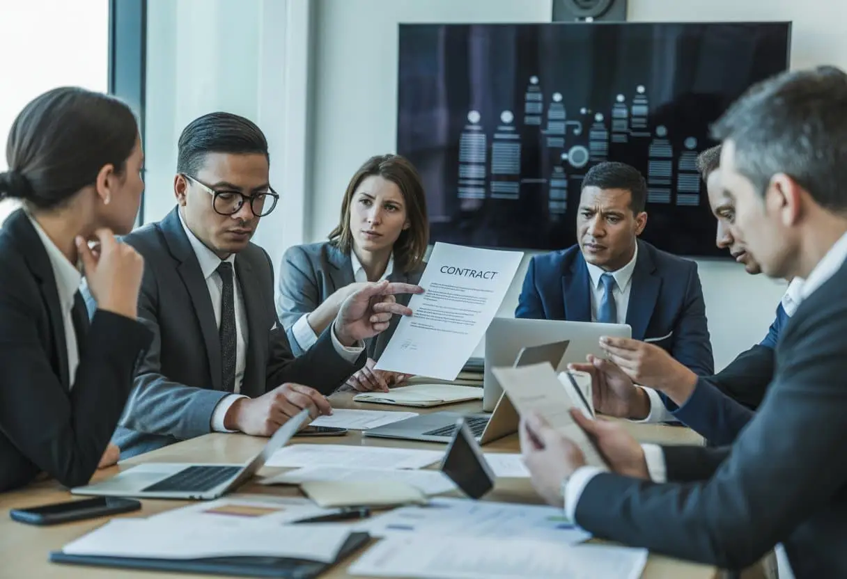 Een zakelijke vergadering waarin professionals rond een tafel zitten en serieus over contracten praten.