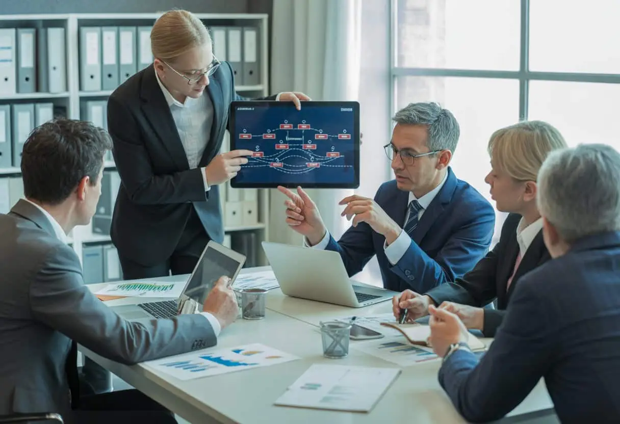 Een groep zakelijke professionals in een kantoor bespreekt documenten en een digitaal schema van een leveranciersketen aan een vergadertafel.