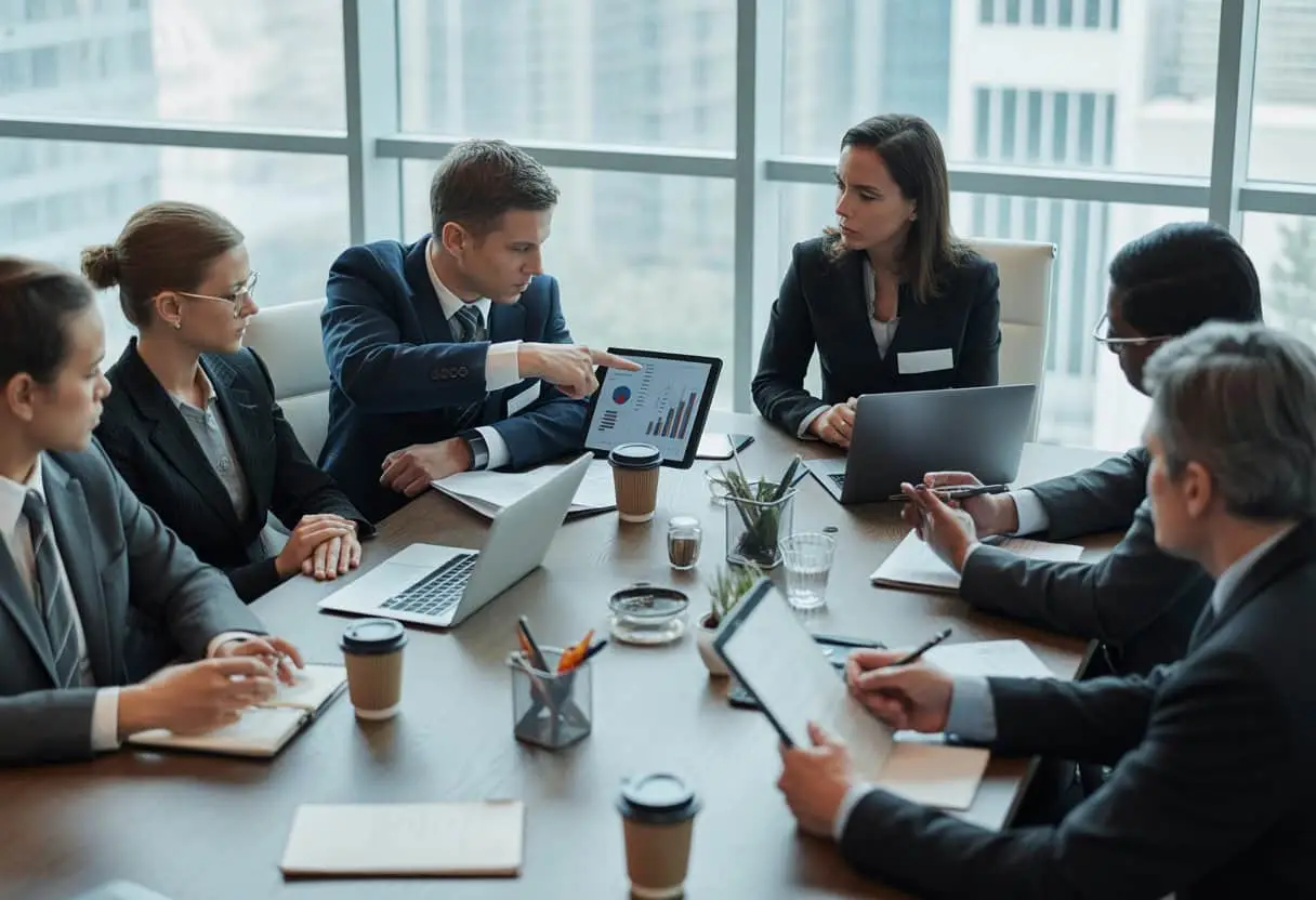 Een groep zakelijke professionals in een vergaderruimte bespreekt een contractbreuk en aansprakelijkheid.