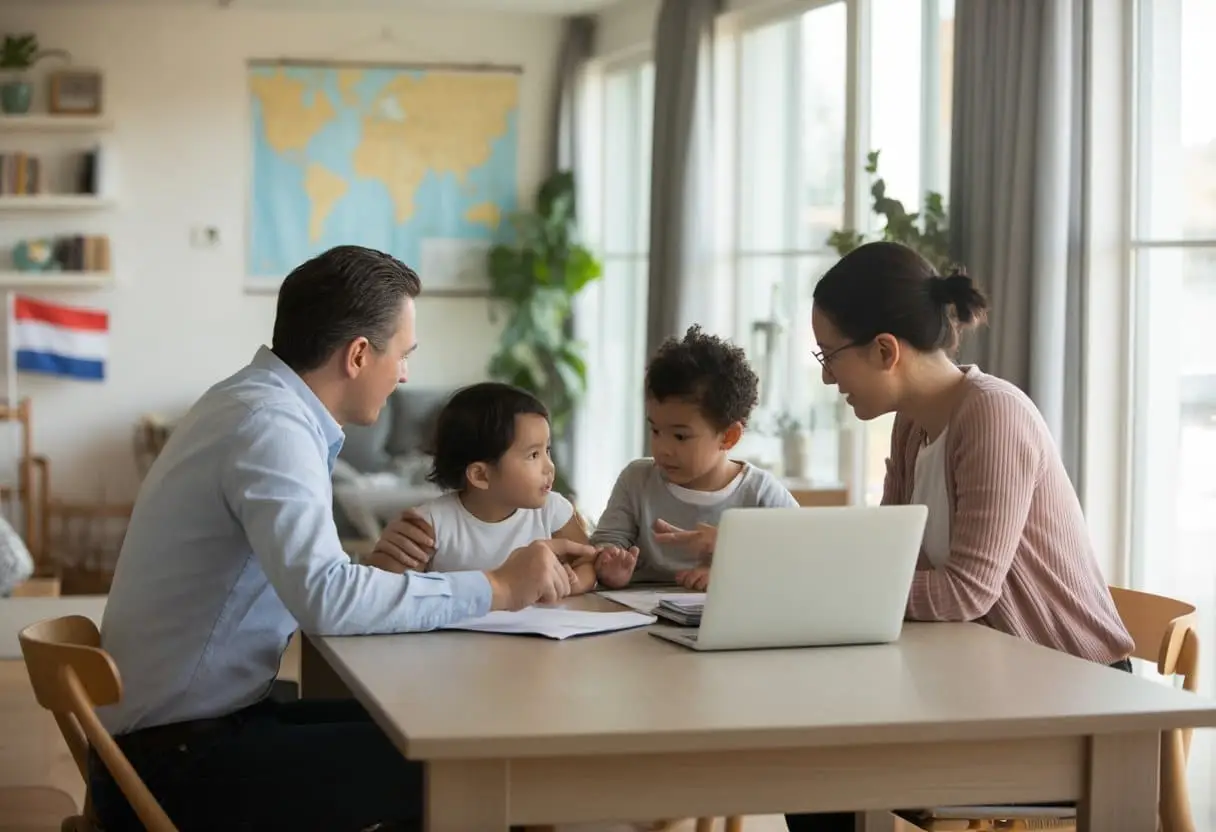 Een internationaal gezin dat samen aan een tafel zit en documenten bespreekt in een moderne woning.