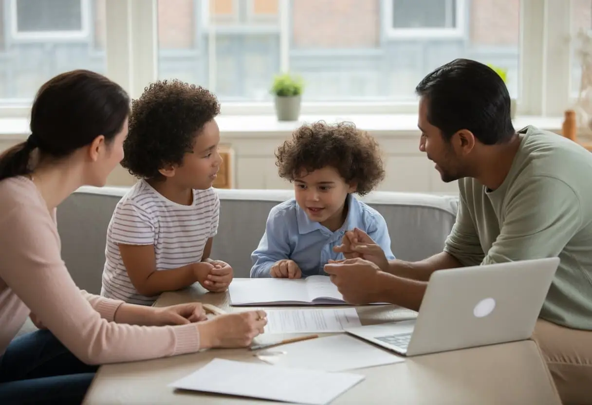 Een internationaal gezin bespreekt samen een ouderschapsplan aan een tafel in een lichte woonkamer met uitzicht op een Nederlandse stad.