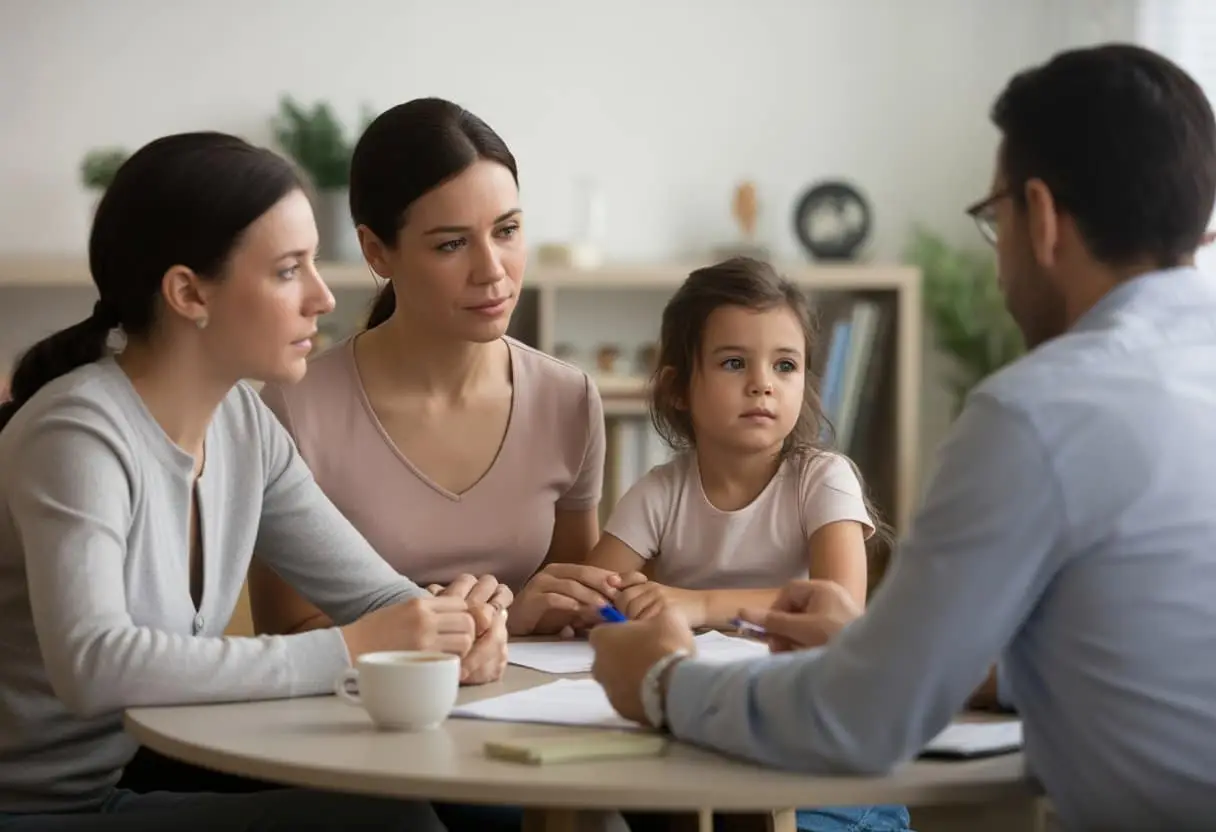 Wanneer kan een omgangsregeling worden beperkt? Uitleg en criteria 2 Een ouder en kind zitten aan een tafel met een bemiddelaar in een rustige kantooromgeving, in gesprek over familieafspraken.
