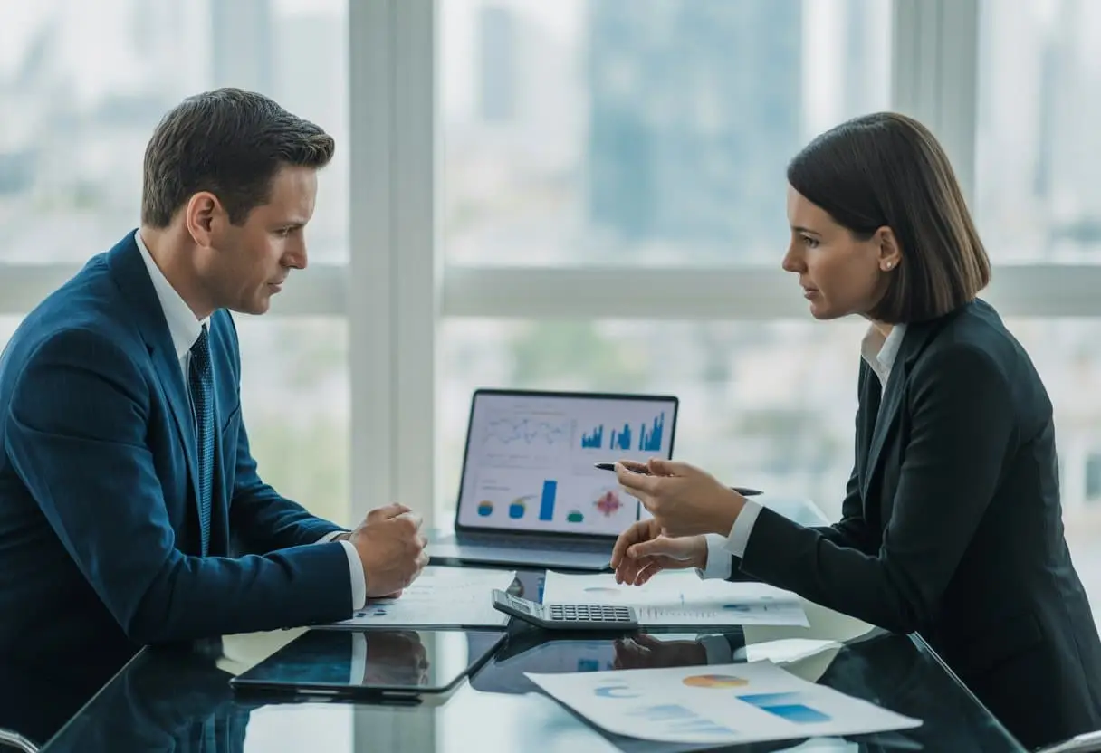 Twee ondernemers bespreken zakelijke documenten aan een vergadertafel in een kantoor.
