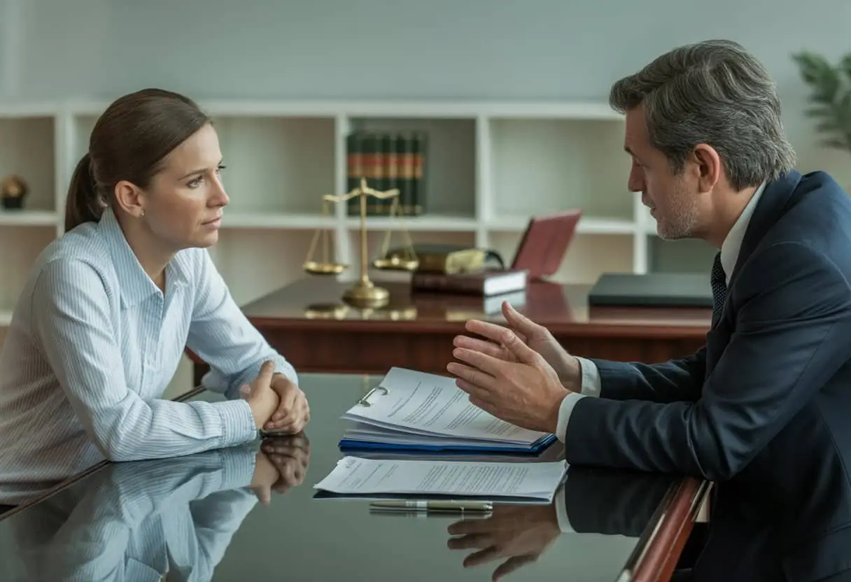 Wanneer kan een omgangsregeling worden beperkt? Uitleg en criteria 3 Een advocaat bespreekt juridische documenten met een bezorgde ouder in een kantooromgeving.