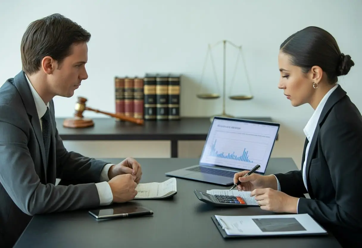 Twee ondernemers bespreken zakelijke documenten en financiële gegevens in een moderne kantooromgeving.