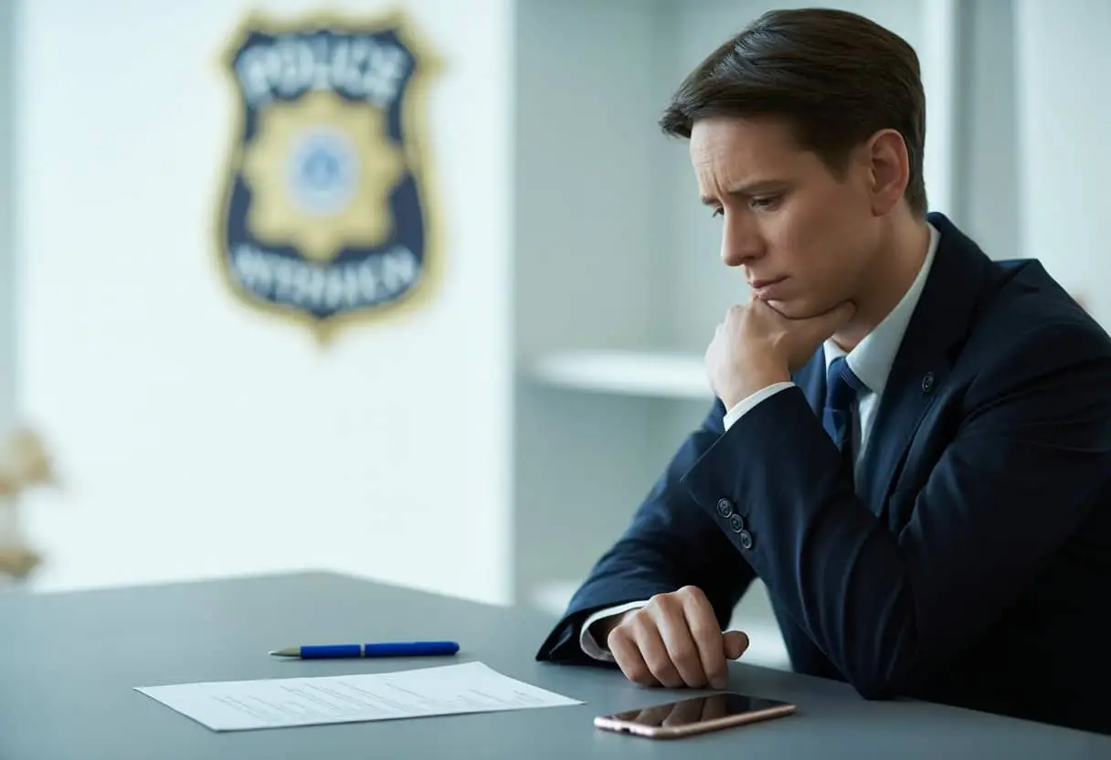 Een persoon zit aan een bureau met een officiële brief en kijkt nadenkend in een kantoor met een politie-embleem op de achtergrond.