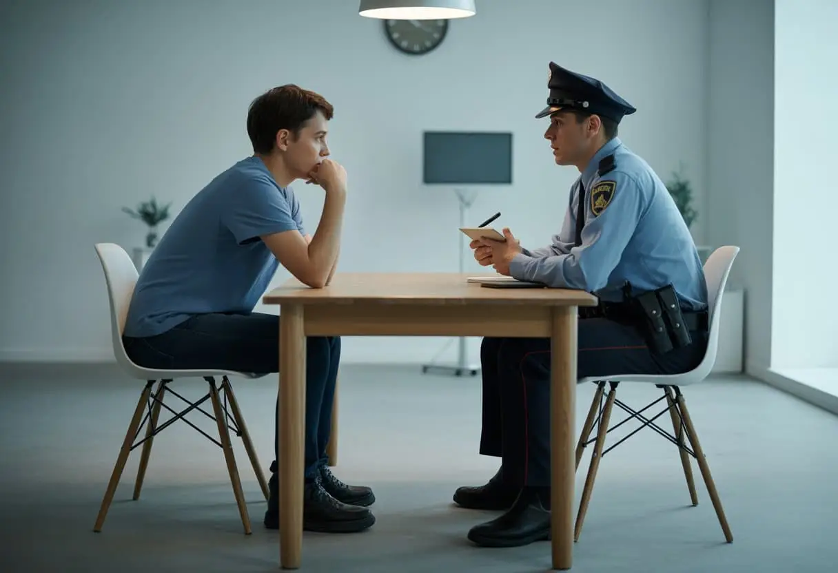 Een persoon zit tegenover een politieagent aan een tafel in een verhoorkamer, waarbij de agent uitleg geeft over rechten tijdens een politieverhoor.