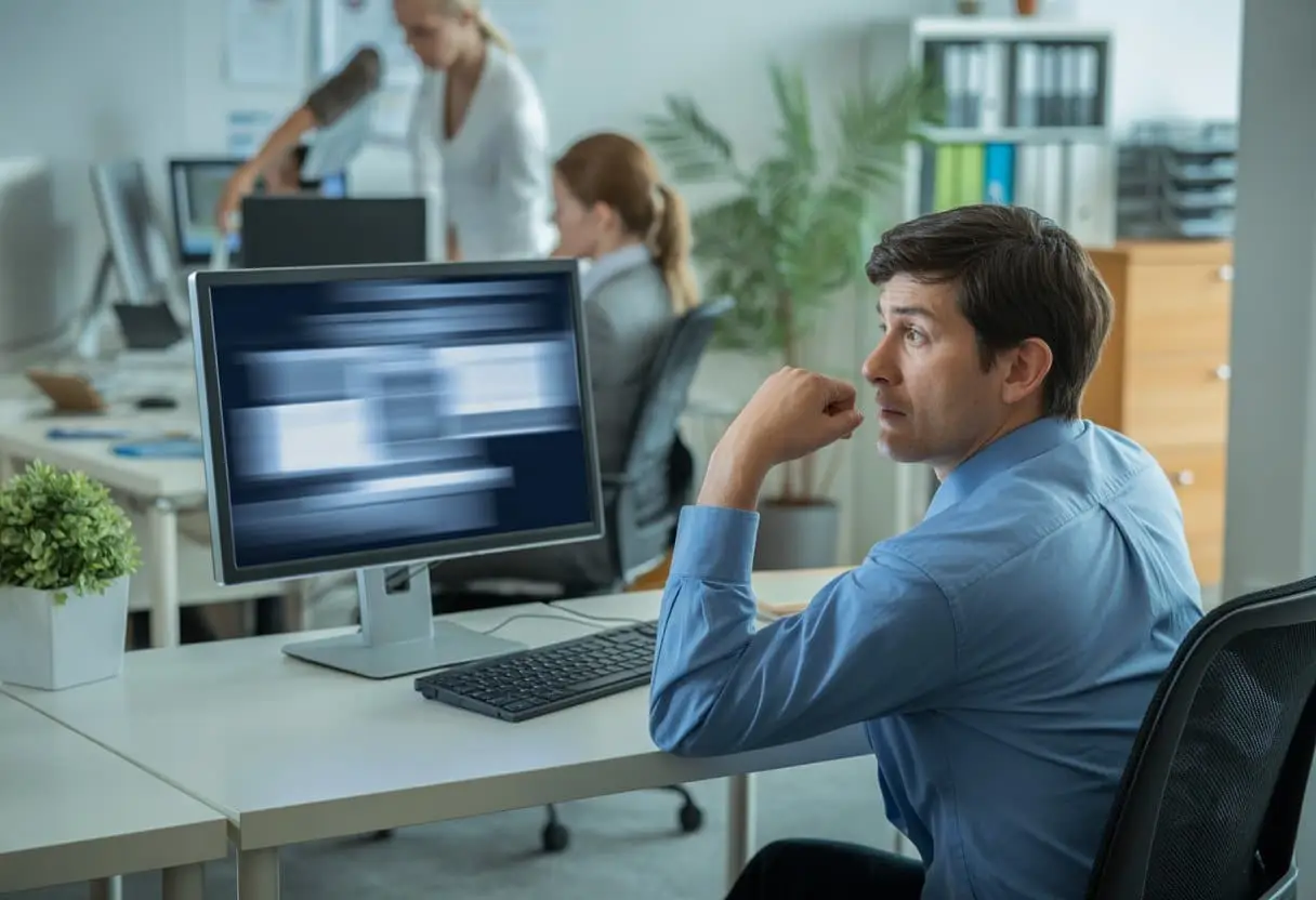 Een werknemer zit aan een bureau in een kantoor en kijkt voorzichtig om zich heen terwijl hij een computer gebruikt.