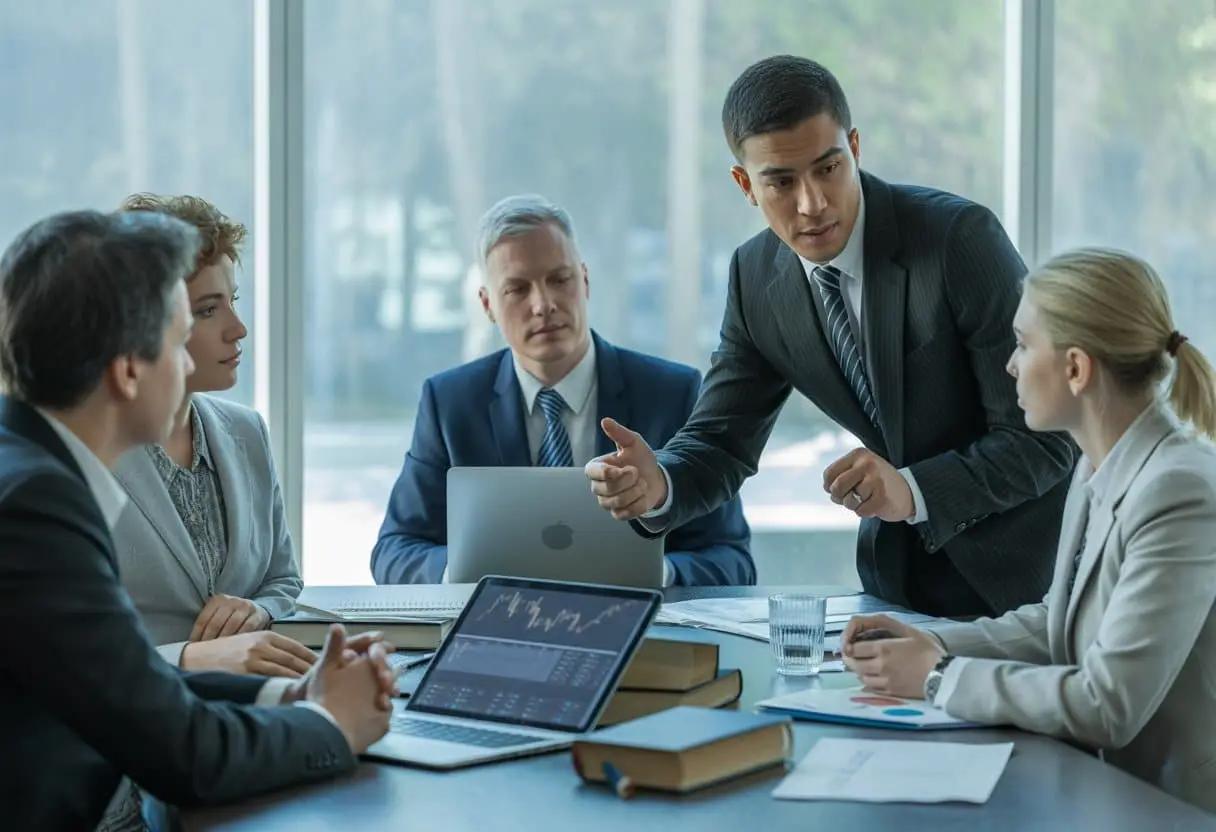 Een groep professionals in een kantoor die samen een onderzoek bespreken, met documenten en laptops op tafel.