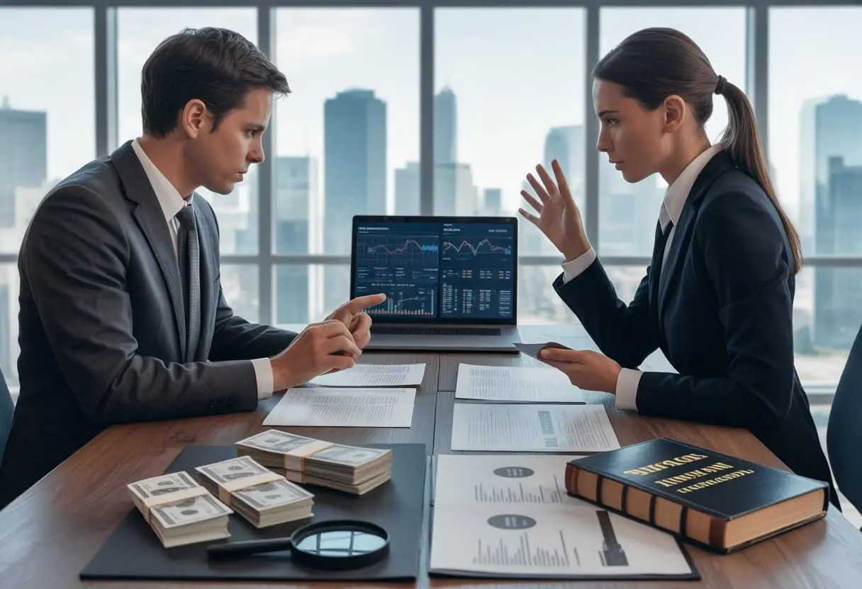 Twee zakelijke professionals bespreken financiële documenten en gegevens in een modern kantoor, met symbolen voor geld en juridische rapporten op tafel.