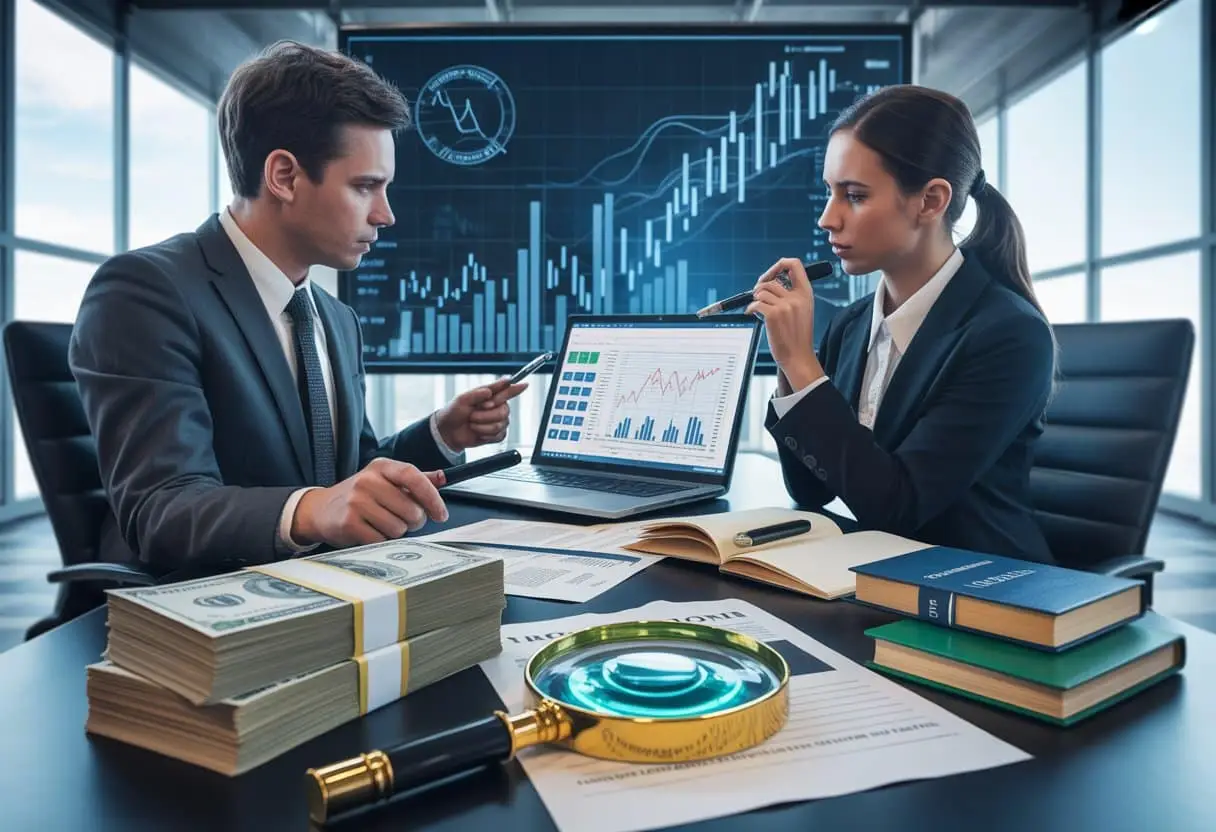 Twee zakelijke professionals bespreken financiële documenten en gegevens in een moderne kantooromgeving.
