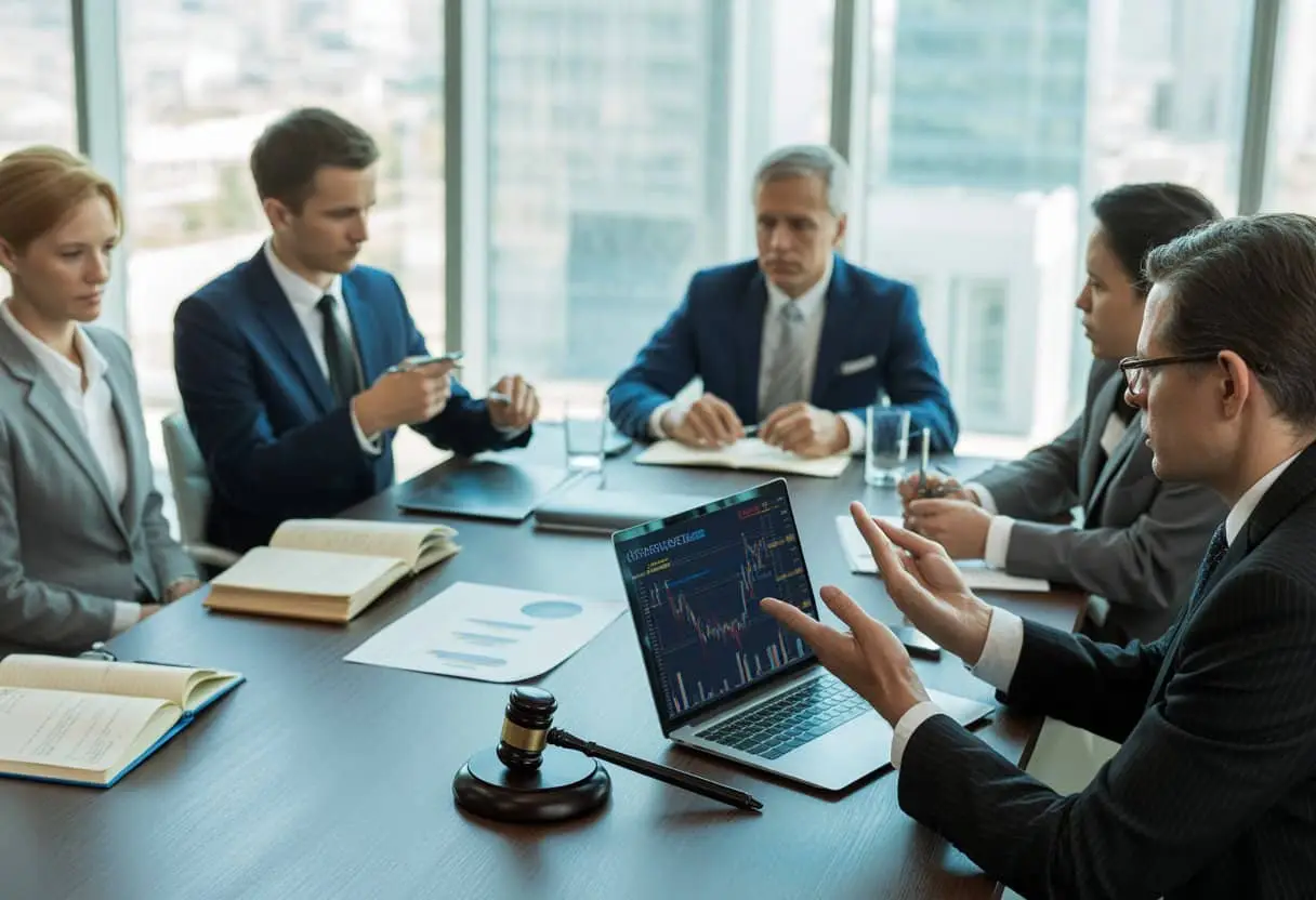 Een groep professionals bespreekt juridische en financiële documenten aan een vergadertafel in een kantoor met uitzicht op de stad.