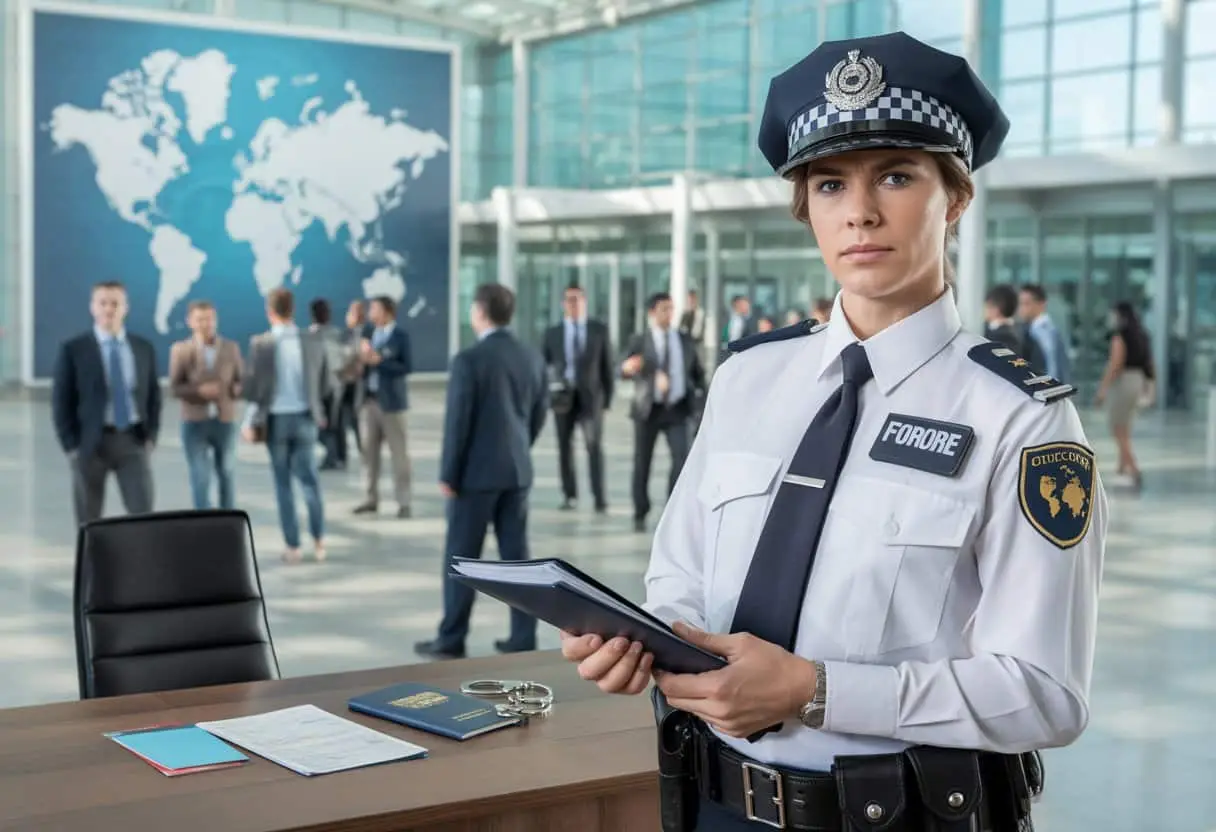 Een politieagent bij een grenscontrole met een wereldkaart op de achtergrond, die internationale uitlevering en aanhouding symboliseert.