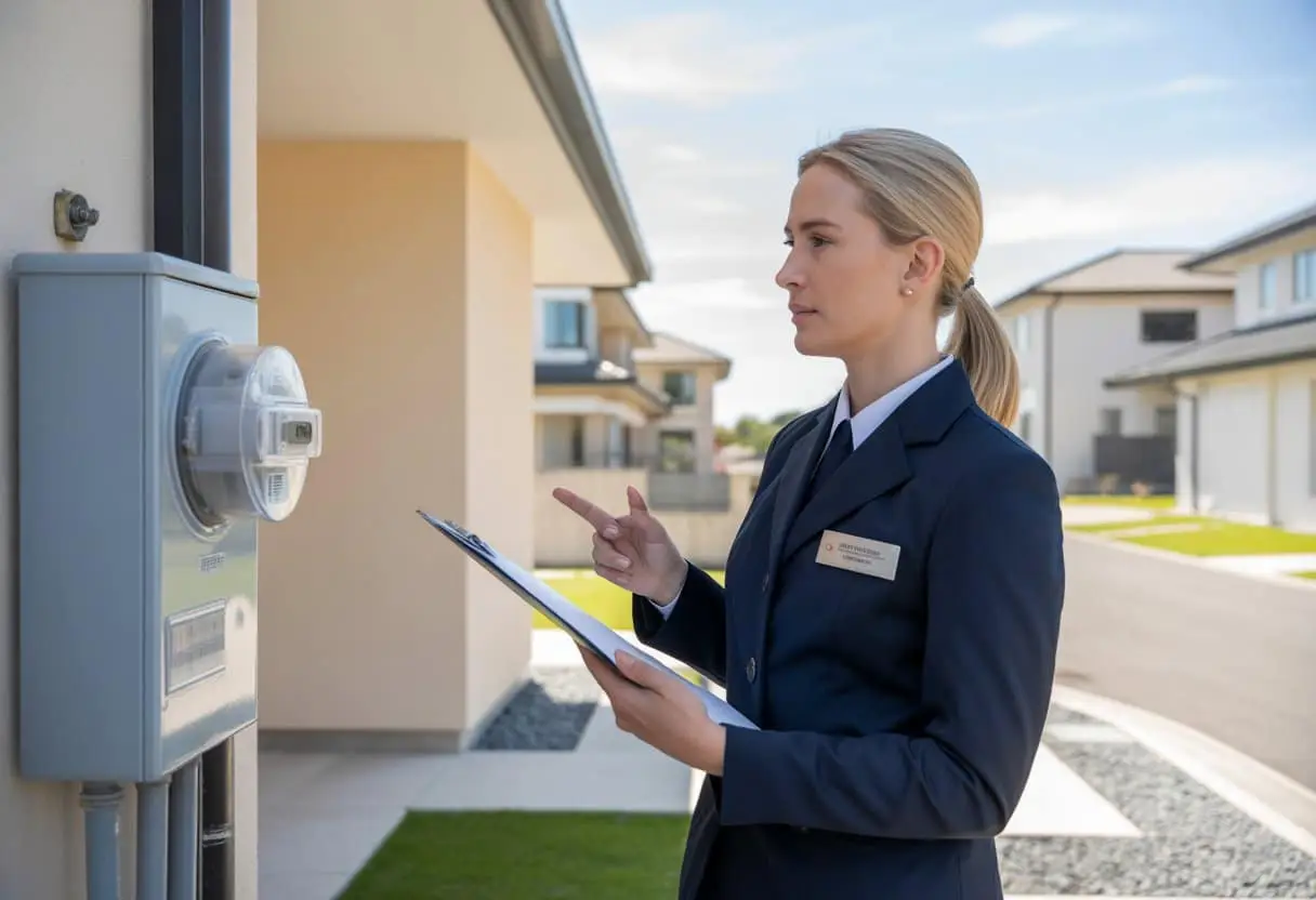 Een vrouwelijke netbeheerder staat bij een elektriciteitsmeter aan een huis en bekijkt een clipboard in een woonwijk.