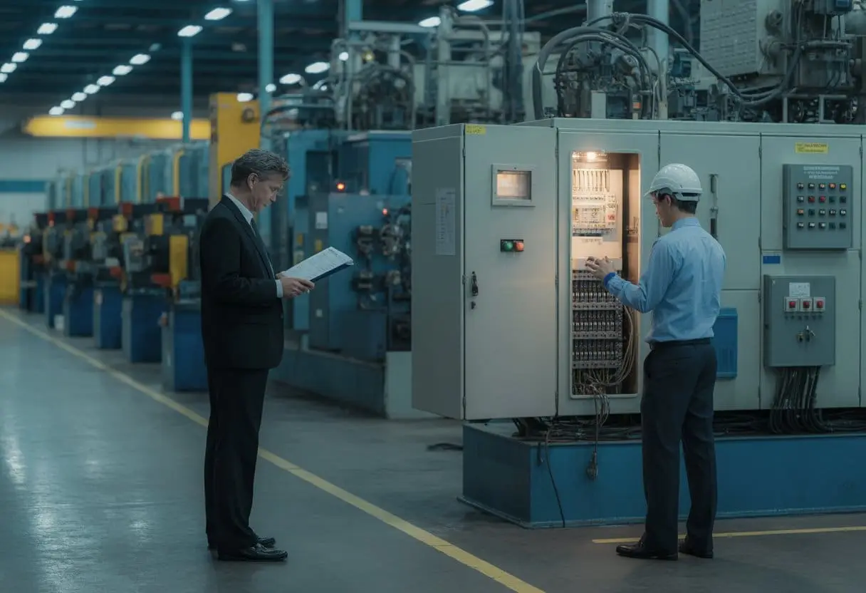 Aansprakelijkheid bij industriële stroomstoringen: wie betaalt de schade? 1 Een zakelijke persoon en een technicus inspecteren een fabriek met uitgeschakelde machines tijdens een stroomstoring.