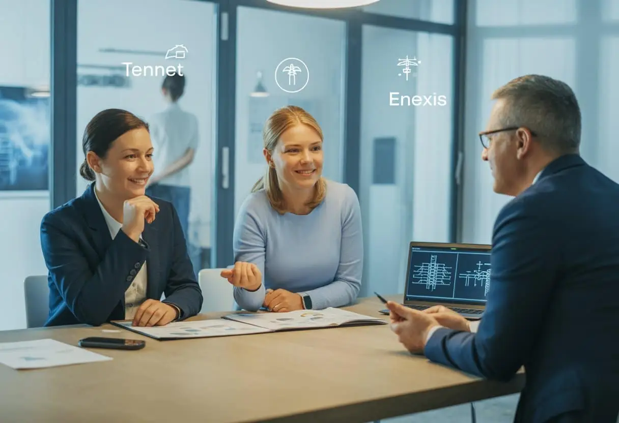 Wat te doen bij een geschil met TenneT of Enexis? Stappen & Rechten 2 Twee vertegenwoordigers van netbeheerders praten met een klant in een kantooromgeving.