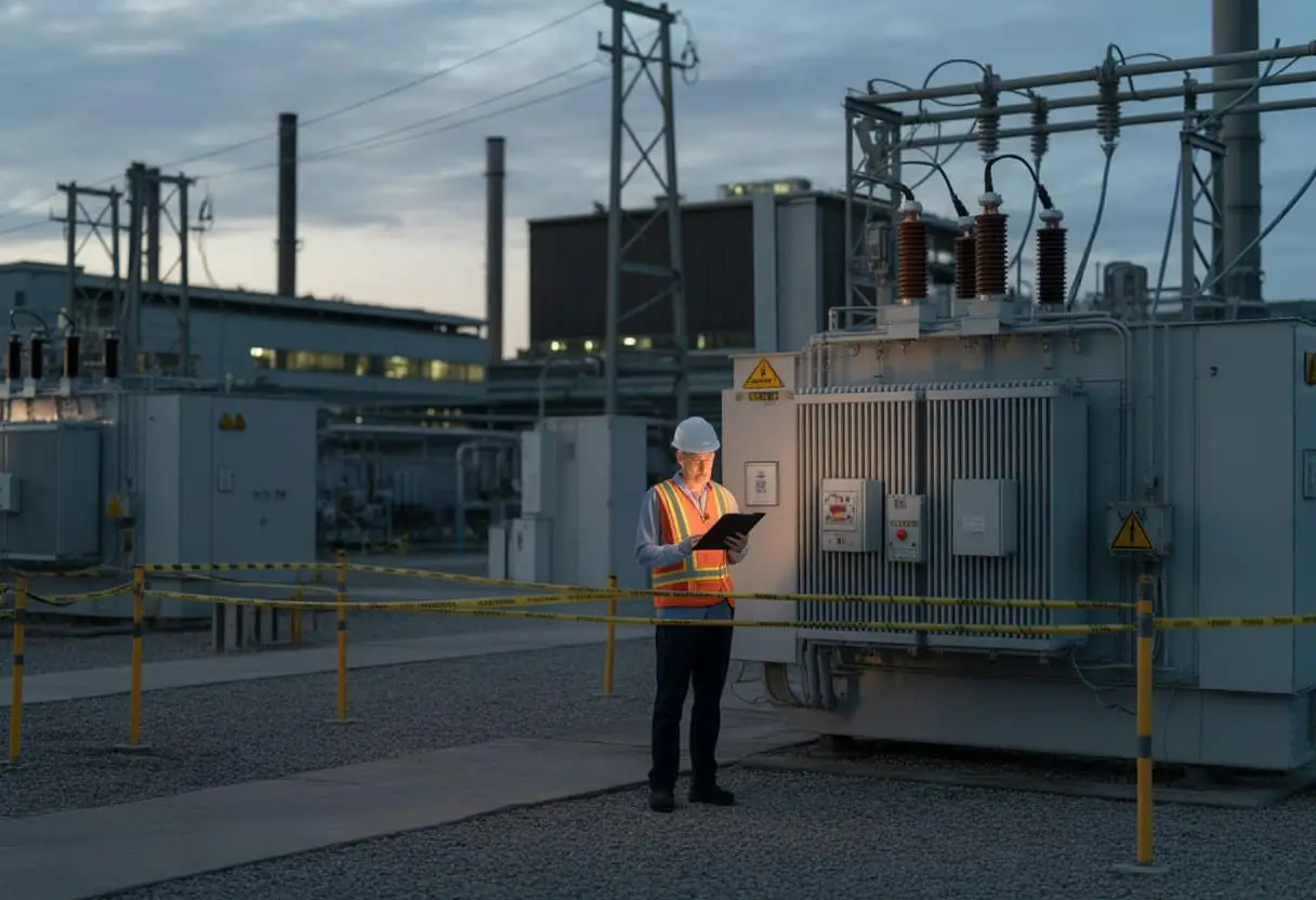 Aansprakelijkheid bij industriële stroomstoringen: wie betaalt de schade? 2 Een technicus in een veiligheidshelm onderzoekt elektrische apparatuur bij een donker industrieel gebouw tijdens een stroomstoring.