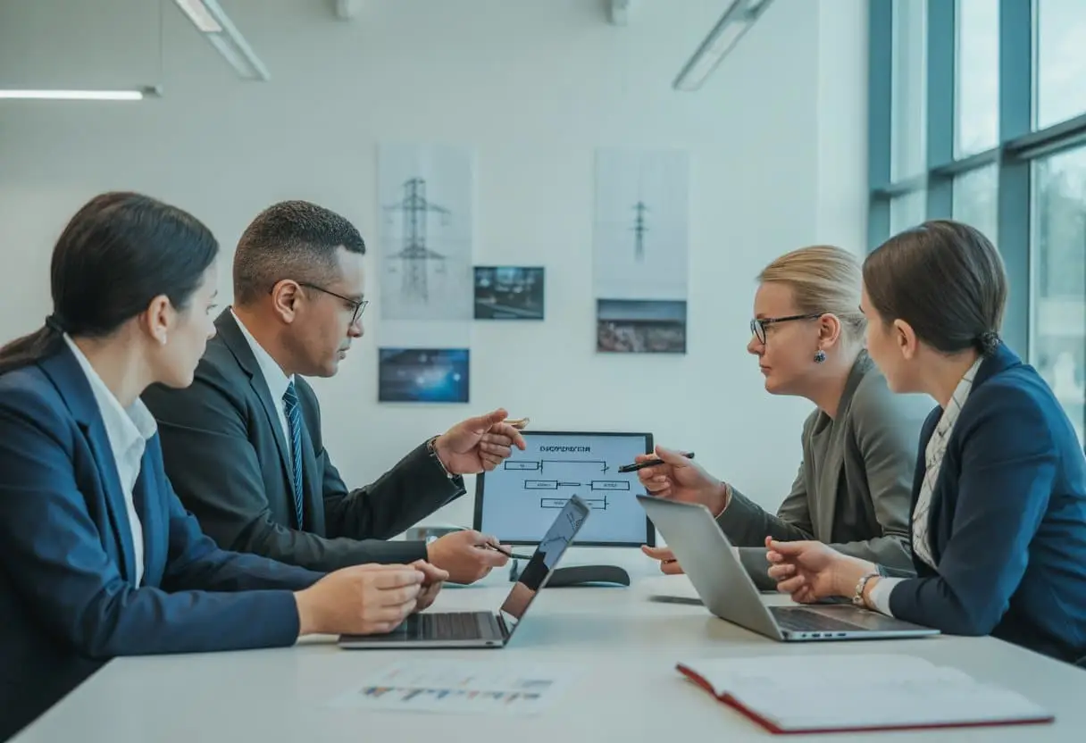 Wat te doen bij een geschil met TenneT of Enexis? Stappen & Rechten 3 Een groep professionals bespreekt rustig een stappenplan rond een tafel in een modern kantoor.