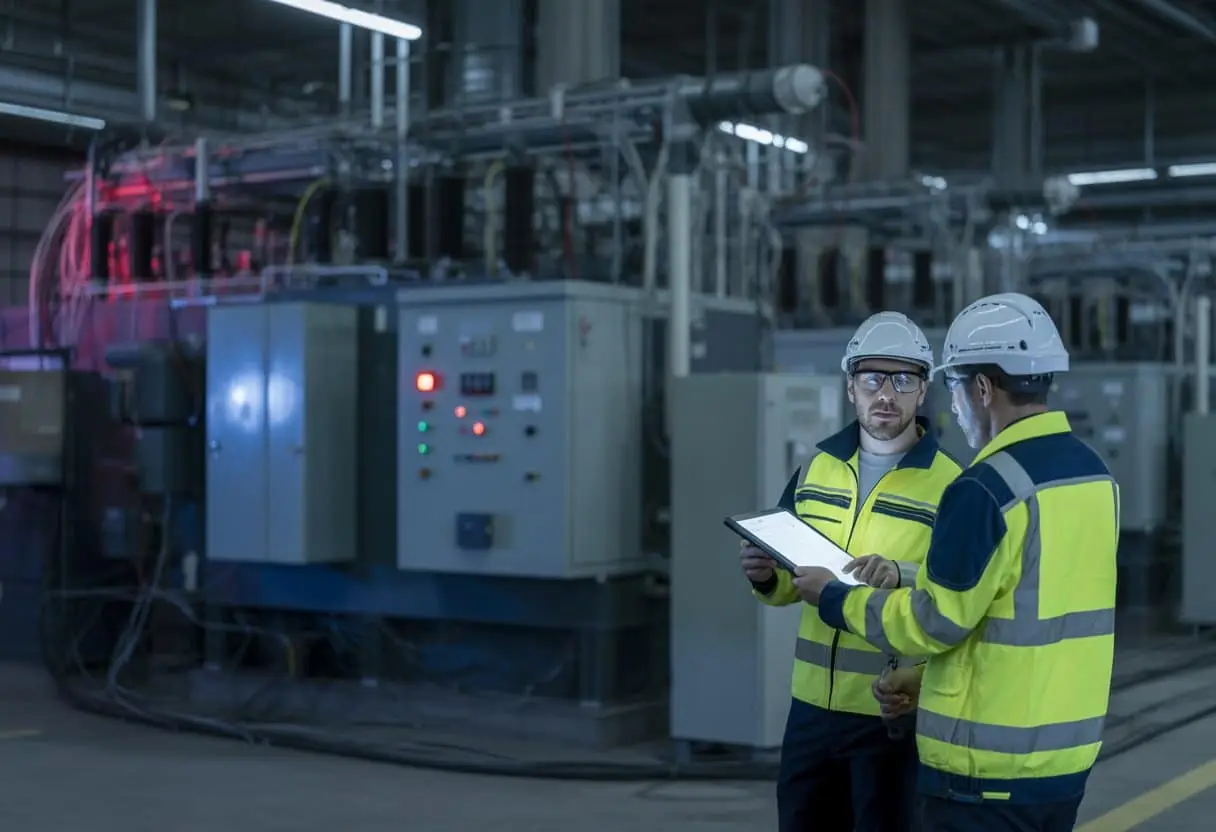 Aansprakelijkheid bij industriële stroomstoringen: wie betaalt de schade? 3 Twee technici in veiligheidskleding bespreken documenten in een donker industriële fabriek tijdens een stroomuitval.