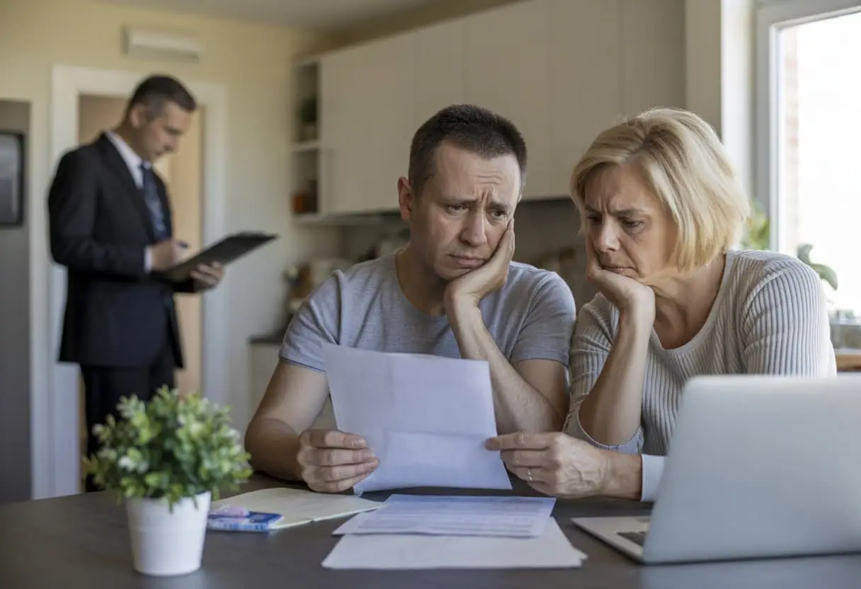 Wanneer is sprake van woonfraude? Alles over signalen, soorten en gevolgen 1 Een bezorgde man en vrouw zitten aan een keukentafel met documenten, terwijl een verhuurder met een clipboard bij de deur staat.