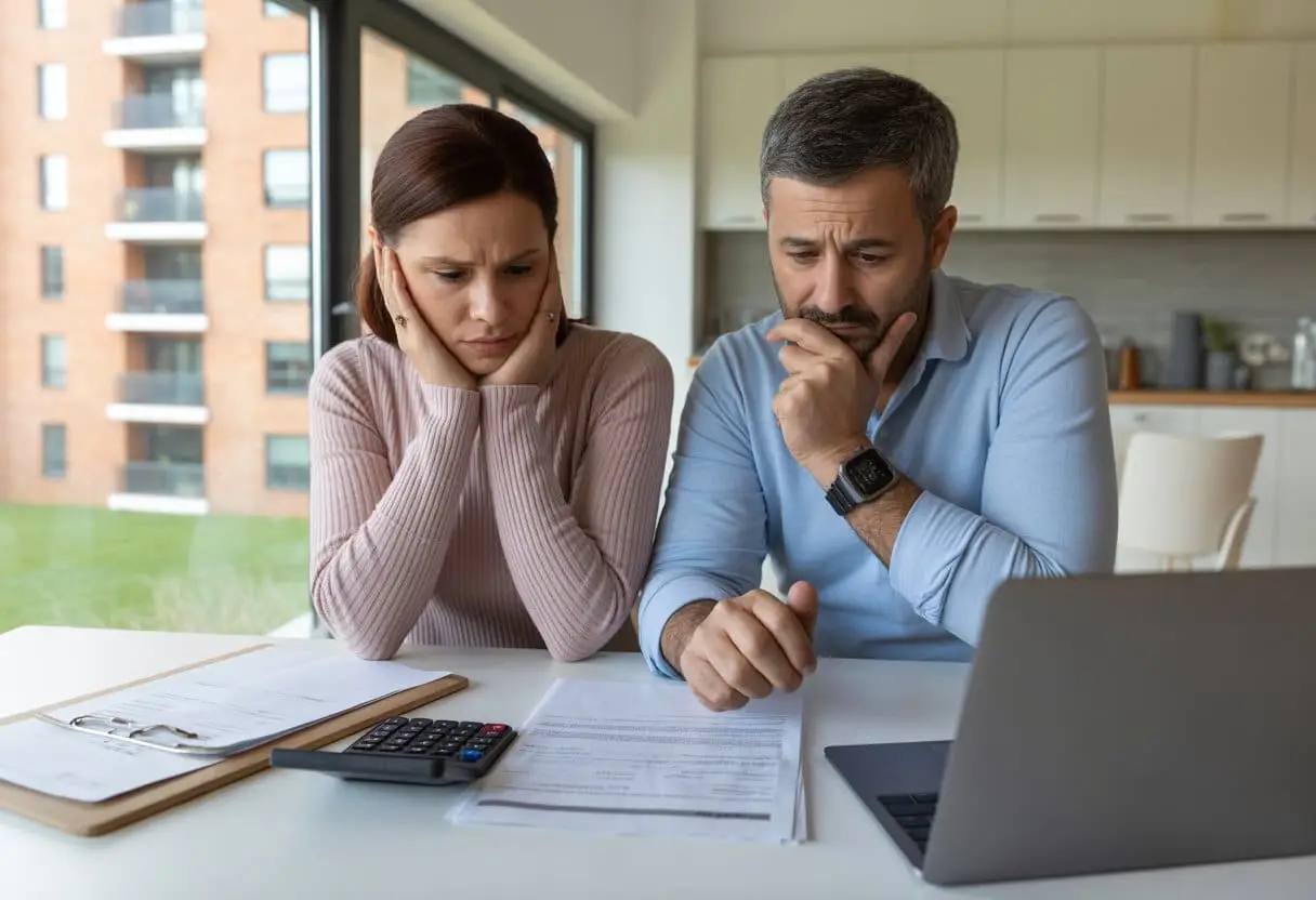 Wanneer is sprake van woonfraude? Alles over signalen, soorten en gevolgen 2 Een bezorgd stel zit aan een keukentafel met documenten en een laptop, met op de achtergrond een modern appartementencomplex.