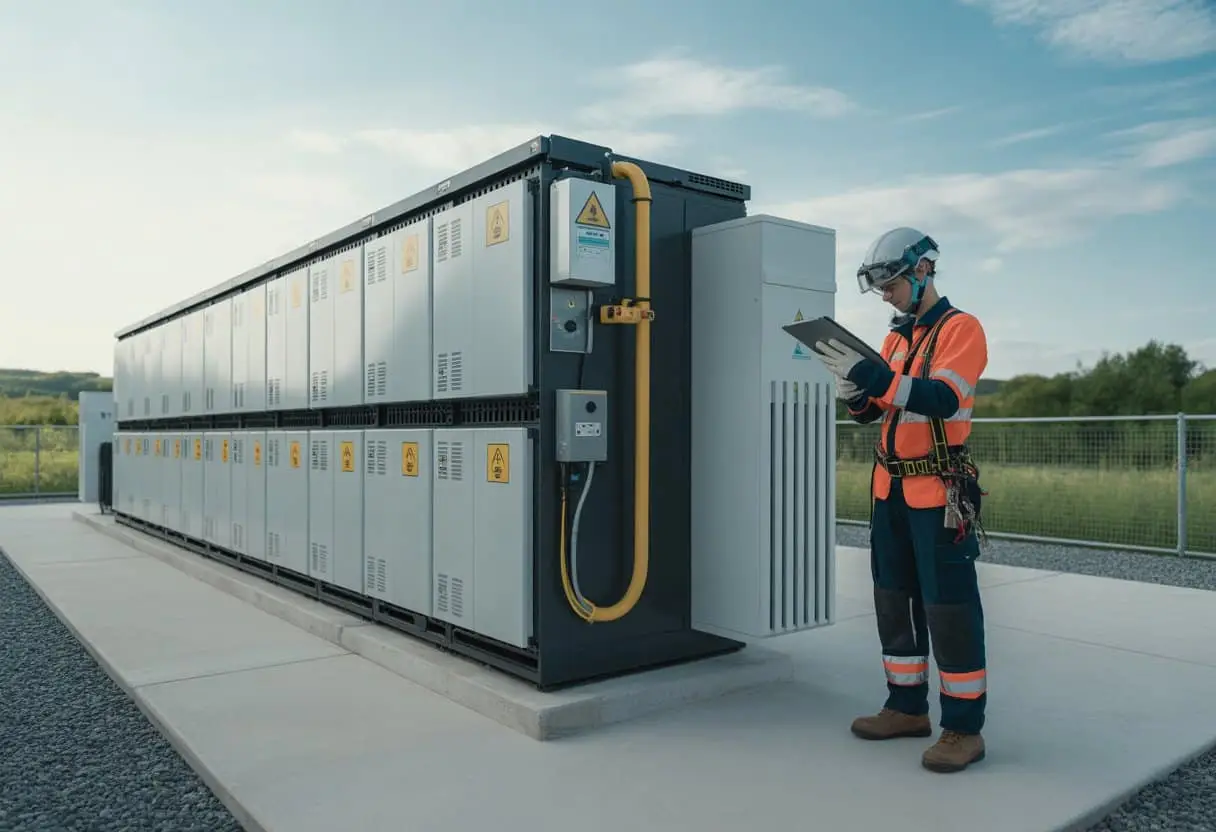 Een technicus inspecteert een modern batterij-energiesysteem buiten bij een schoon energiecentrum.