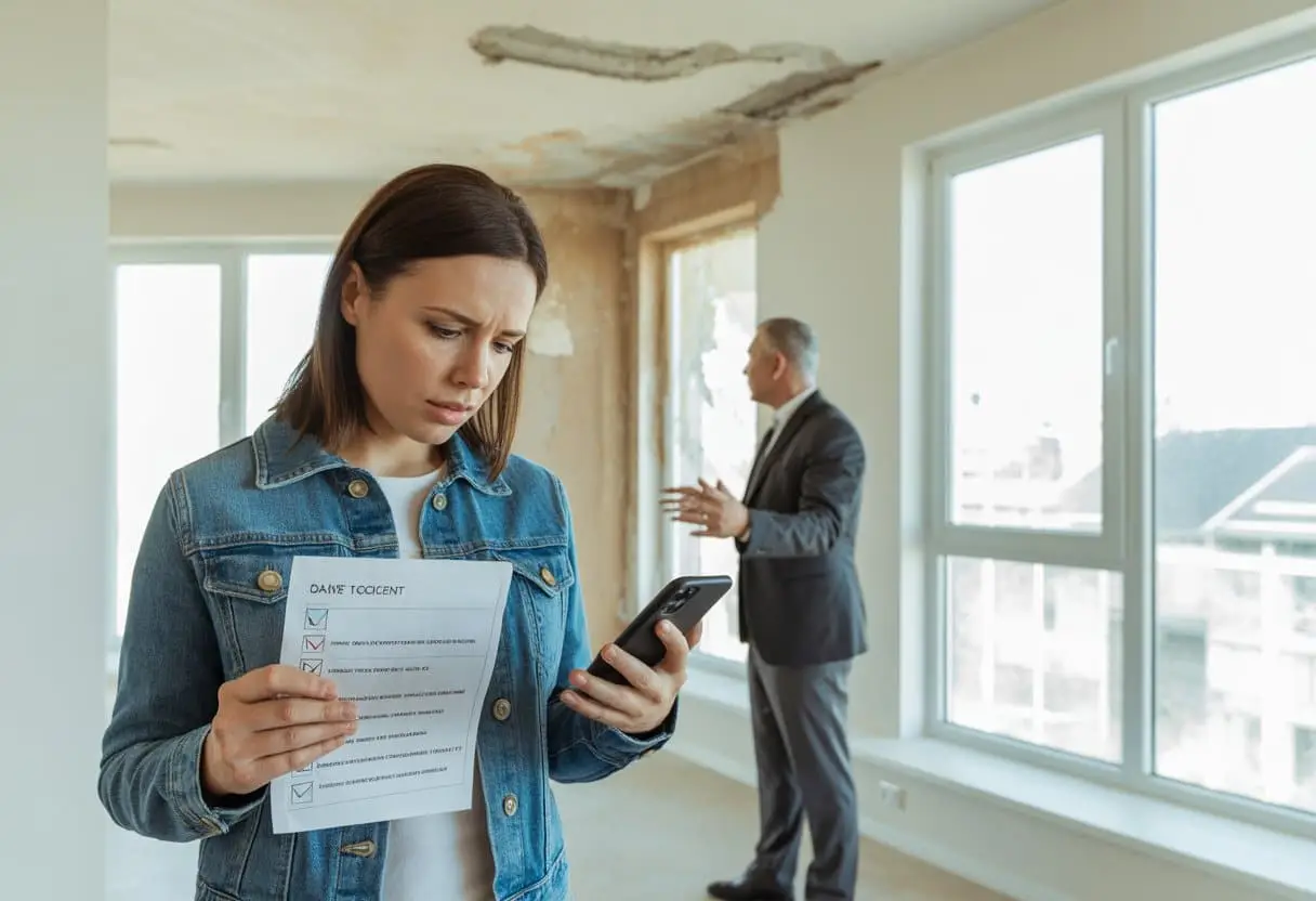 Huurverlaging bij gebreken: welke gebreken zijn ernstig genoeg? 1 Een huurder bekijkt ernstige gebreken in een appartement terwijl hij met een verhuurder spreekt.
