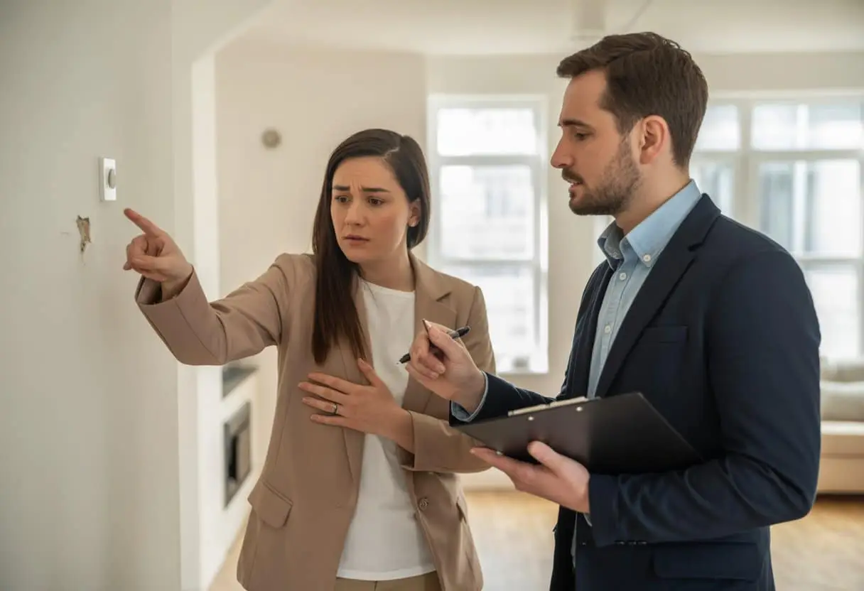 Huurverlaging bij gebreken: welke gebreken zijn ernstig genoeg? 2 Een huurder en verhuurder bespreken zichtbaar woninggebreken in een goed verlichte woonkamer.