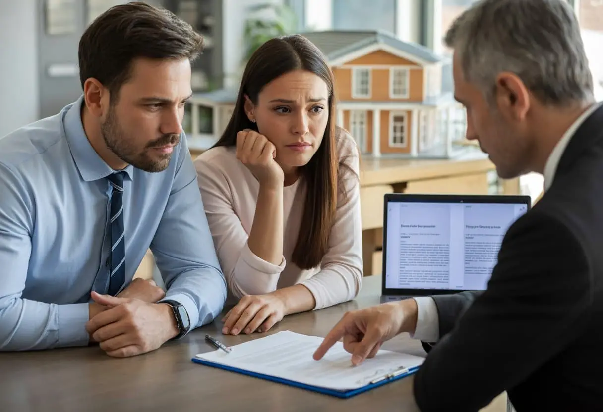 De juridische valkuilen bij het kopen van een woning met verborgen gebreken 1 Een stel bespreekt met een advocaat juridische documenten over het kopen van een huis met verborgen gebreken.