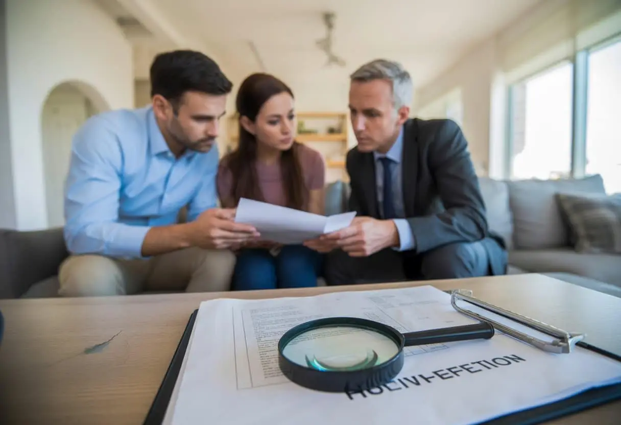 De juridische valkuilen bij het kopen van een woning met verborgen gebreken 2 Een serieus koppel bekijkt een huisinspectierapport samen met een makelaar in een moderne woonkamer, met subtiele aanwijzingen van verborgen gebreken in het huis.