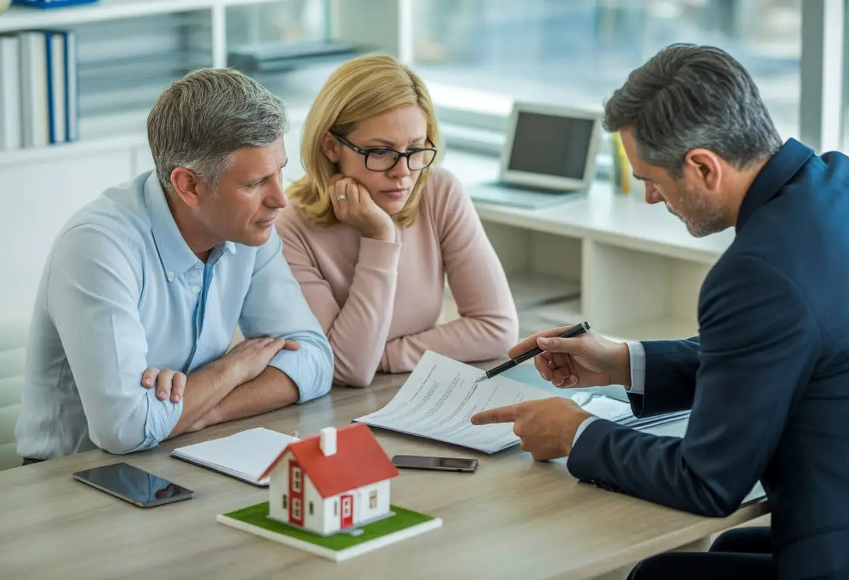 De juridische valkuilen bij het kopen van een woning met verborgen gebreken 3 Een stel bespreekt met een advocaat documenten over aansprakelijkheid bij de aankoop van een huis.
