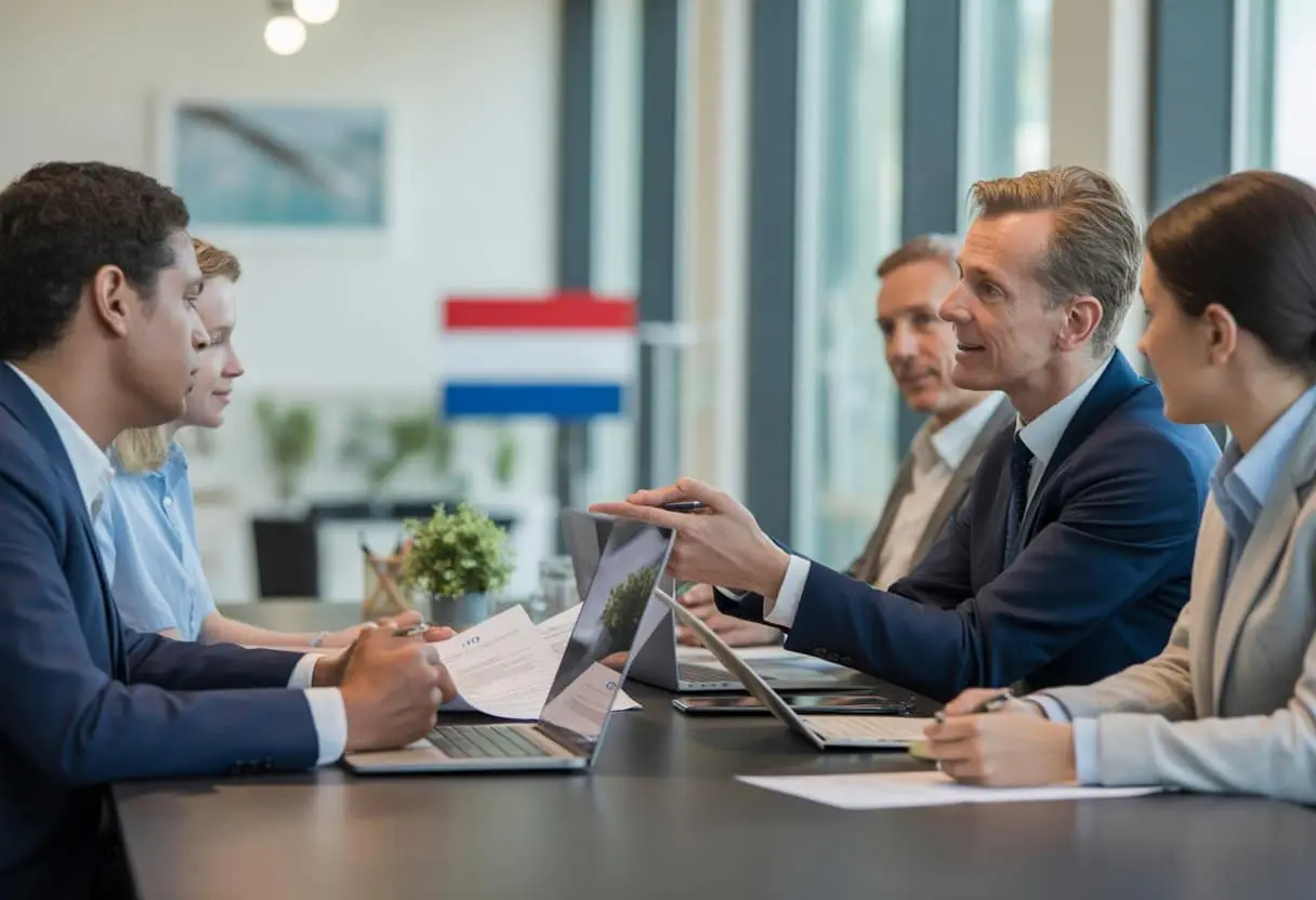 Een groep professionals bespreekt arbeidscontracten in een moderne kantooromgeving.