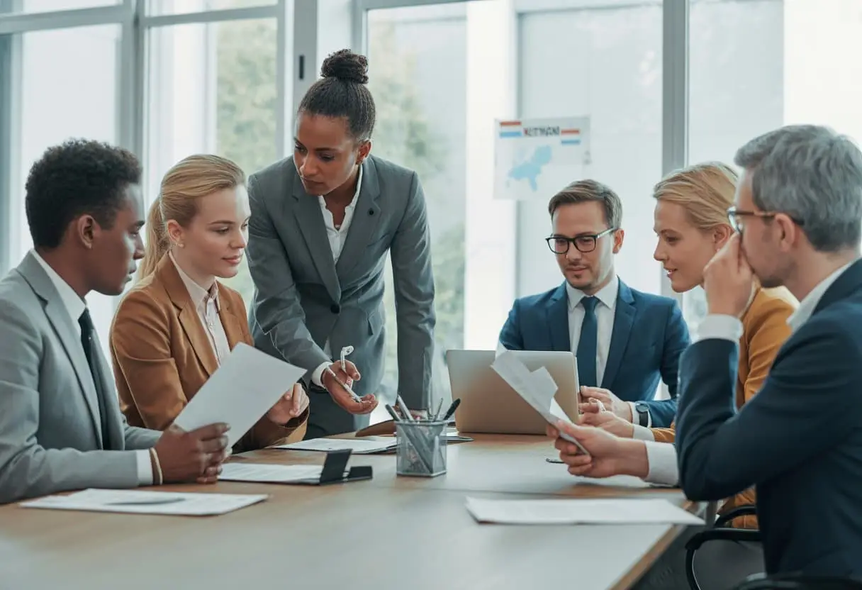 Een groep internationale professionals bespreekt documenten aan een vergadertafel in een modern kantoor.