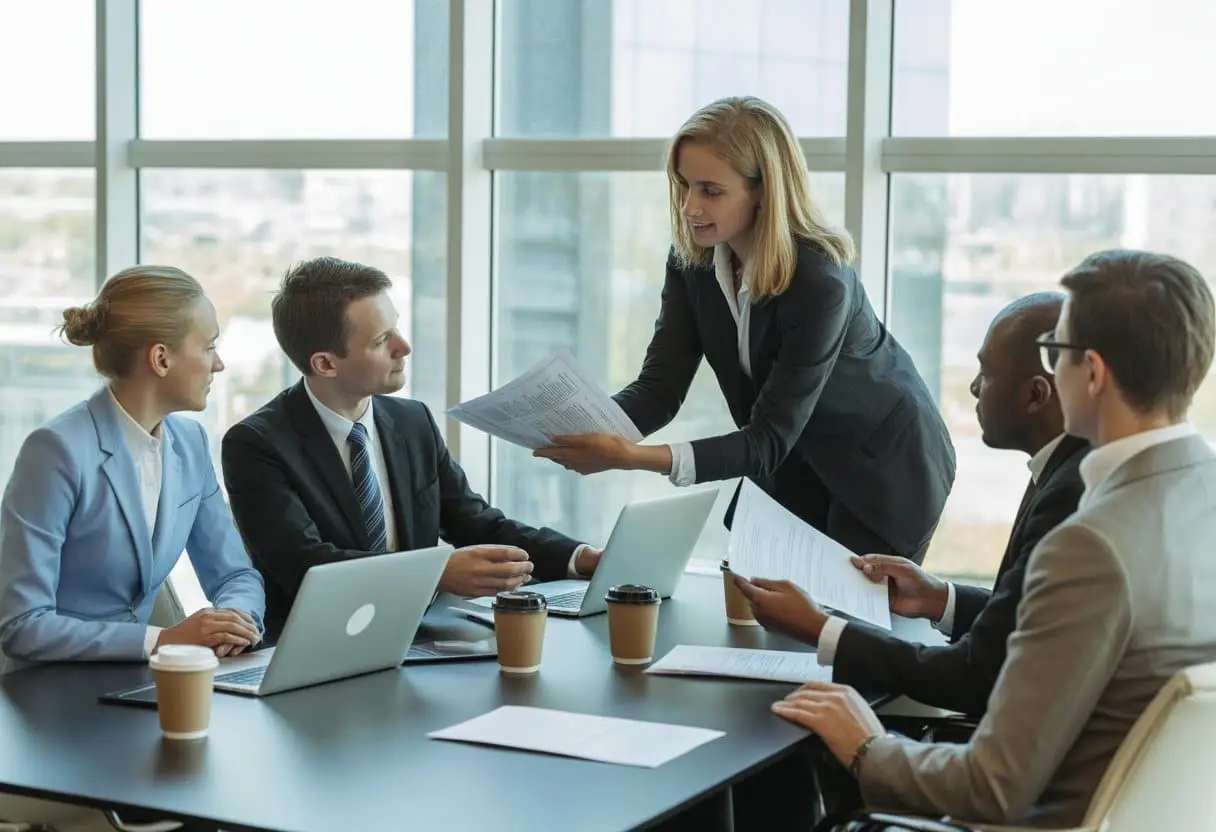 Een groep internationale professionals bespreekt arbeidscontracten in een modern kantoor.