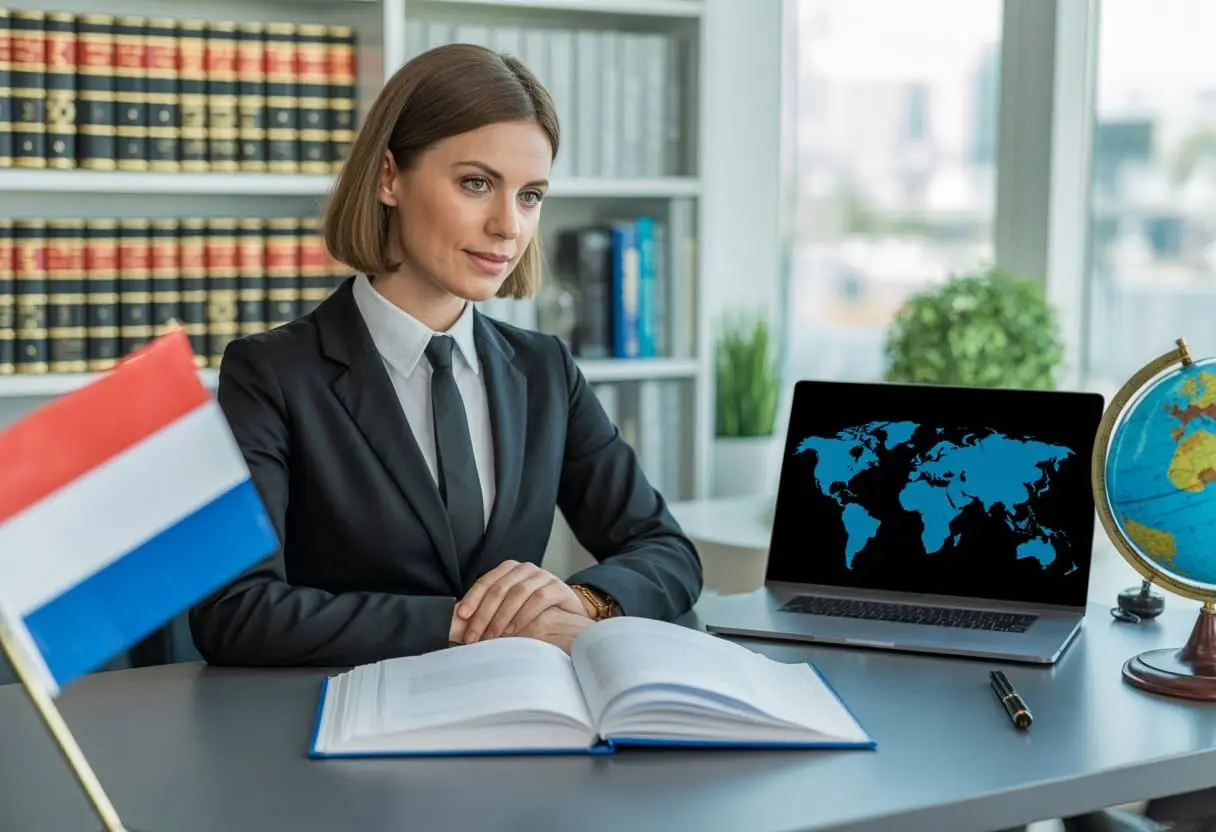 Een juridisch professional in een kantoor met documenten, een laptop met een wereldkaart en een Nederlandse vlag op het bureau.
