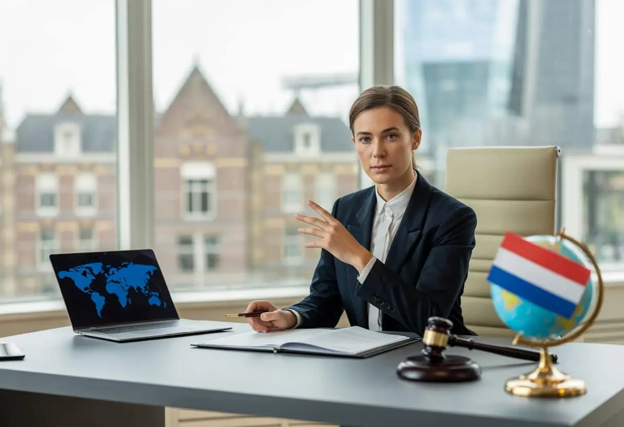Een Nederlandse rechter in een modern kantoor met juridische documenten en een wereldkaart op een laptopscherm, met uitzicht op Amsterdam op de achtergrond.