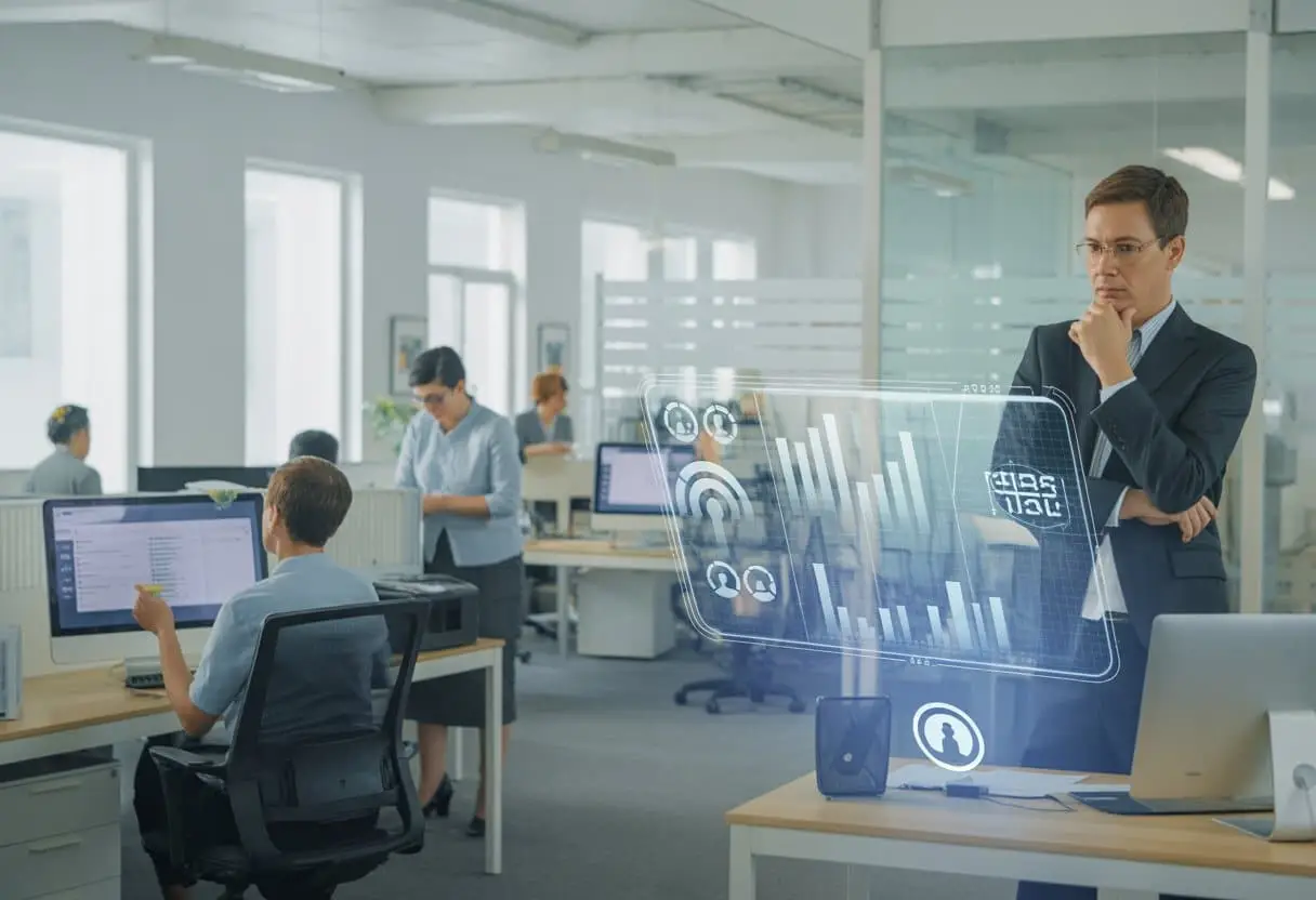 Een moderne kantoorruimte waar een manager gegevens bekijkt op een digitaal scherm terwijl medewerkers aan hun werkplekken zitten.
