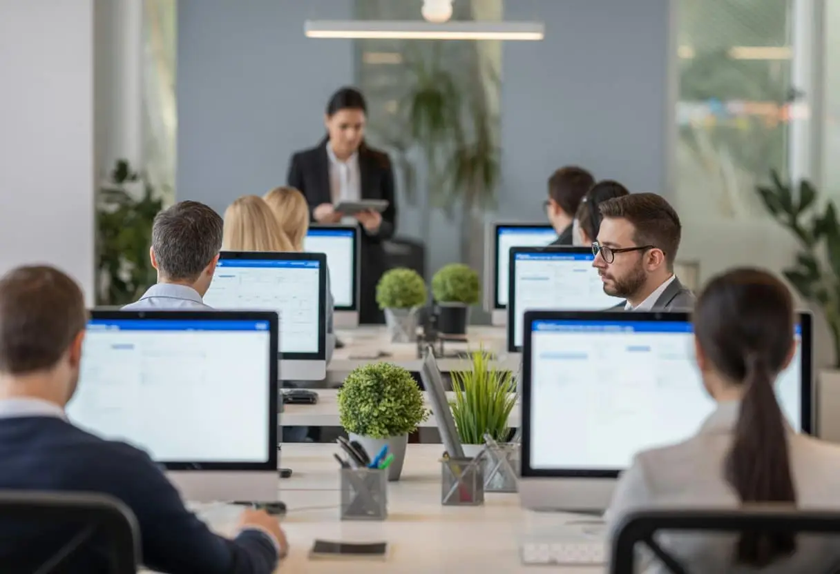 Een moderne kantooromgeving met diverse medewerkers die aan hun bureau werken en een manager die hen discreet observeert.