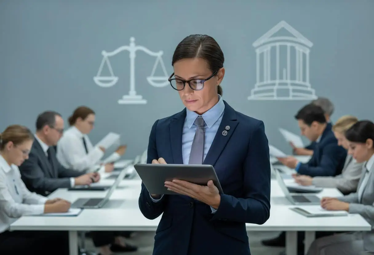 Een werkgever bekijkt vertrouwelijke documenten terwijl werknemers op de achtergrond aan het werk zijn in een kantoor.