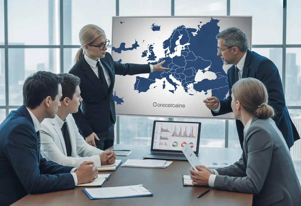 Een groep zakelijke professionals bespreekt financiële documenten en een Europese kaart in een kantooromgeving.