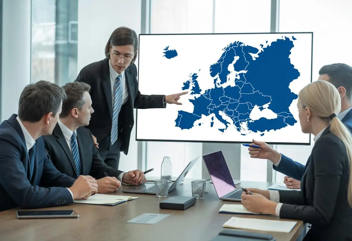 Een groep zakelijke professionals bespreekt een Europese kaart in een kantooromgeving tijdens een vergadering over internationale incasso.