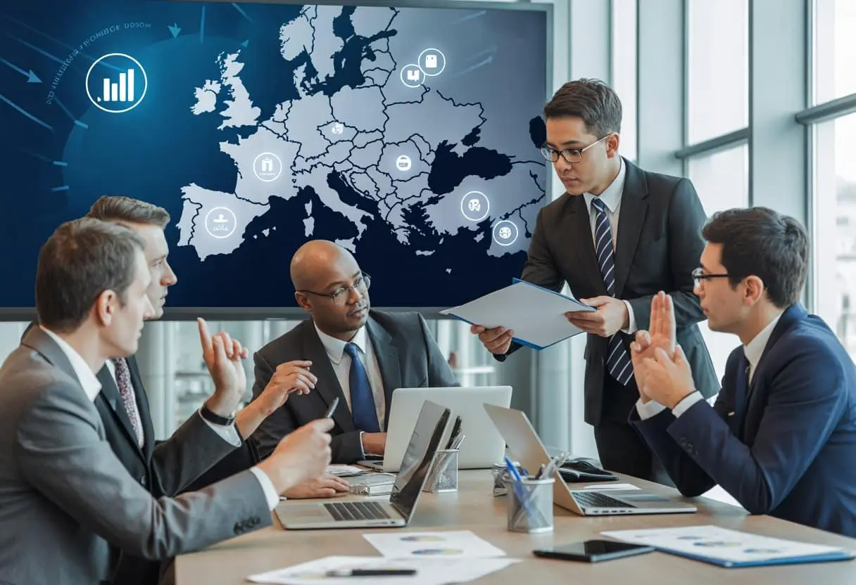 Een groep zakelijke professionals bespreekt financiële documenten rond een vergadertafel in een modern kantoor met een digitale kaart van Europa op de achtergrond.