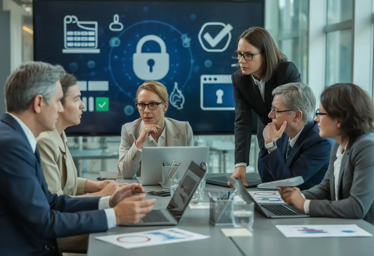 Licenties voor software: de grootste misverstanden uitgelegd 1 Een groep professionals in een kantoor die samen aan een tafel zitten en discussiëren over softwarelicenties.