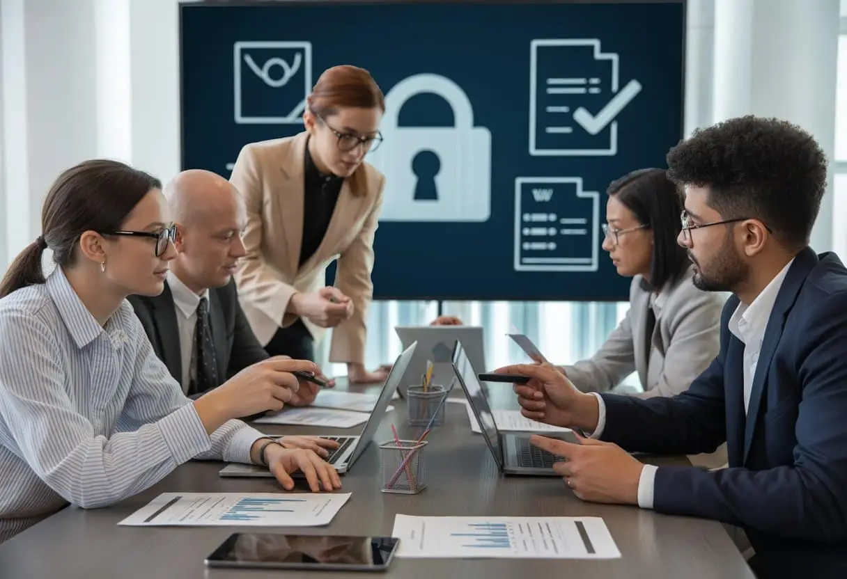 Licenties voor software: de grootste misverstanden uitgelegd 2 Een groep professionals in een moderne kantoorruimte bespreekt samen documenten en laptops over softwarelicenties.