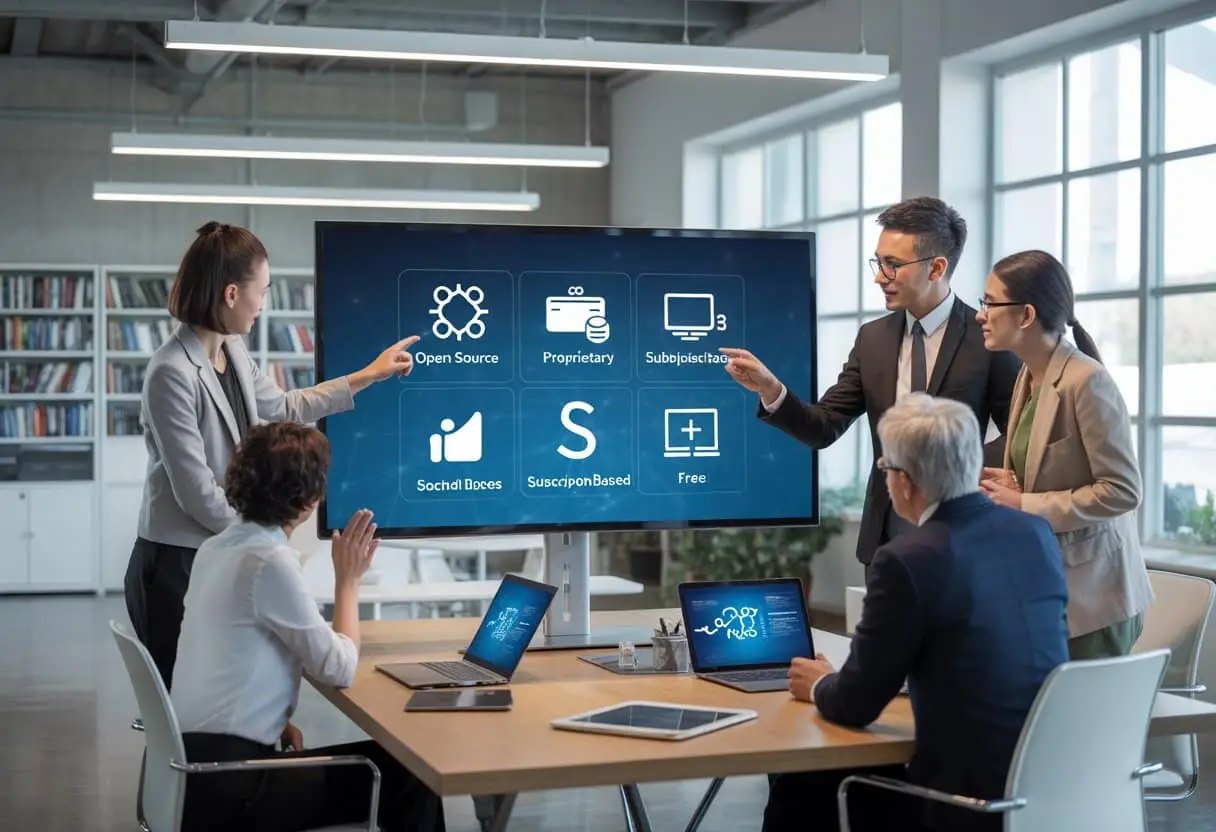 Licenties voor software: de grootste misverstanden uitgelegd 3 Een groep professionals bespreekt verschillende soorten softwarelicenties in een moderne kantooromgeving met een groot digitaal scherm en laptops.