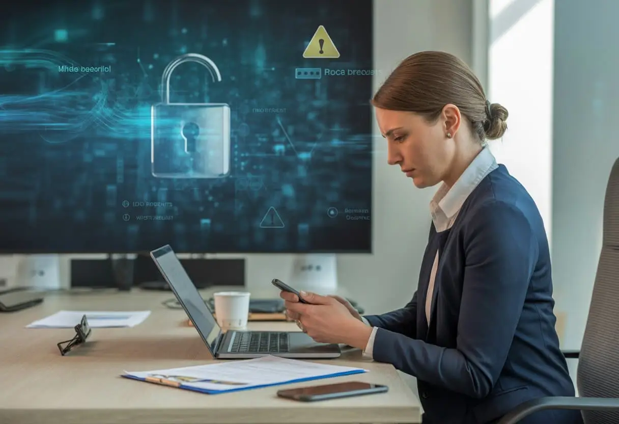 Databreach melden: wanneer bent u daartoe verplicht? Alles over de meldplicht datalekken 2 Een zakelijke professional werkt geconcentreerd op een laptop in een moderne kantooromgeving met digitale beveiligingssymbolen op een scherm op de achtergrond.