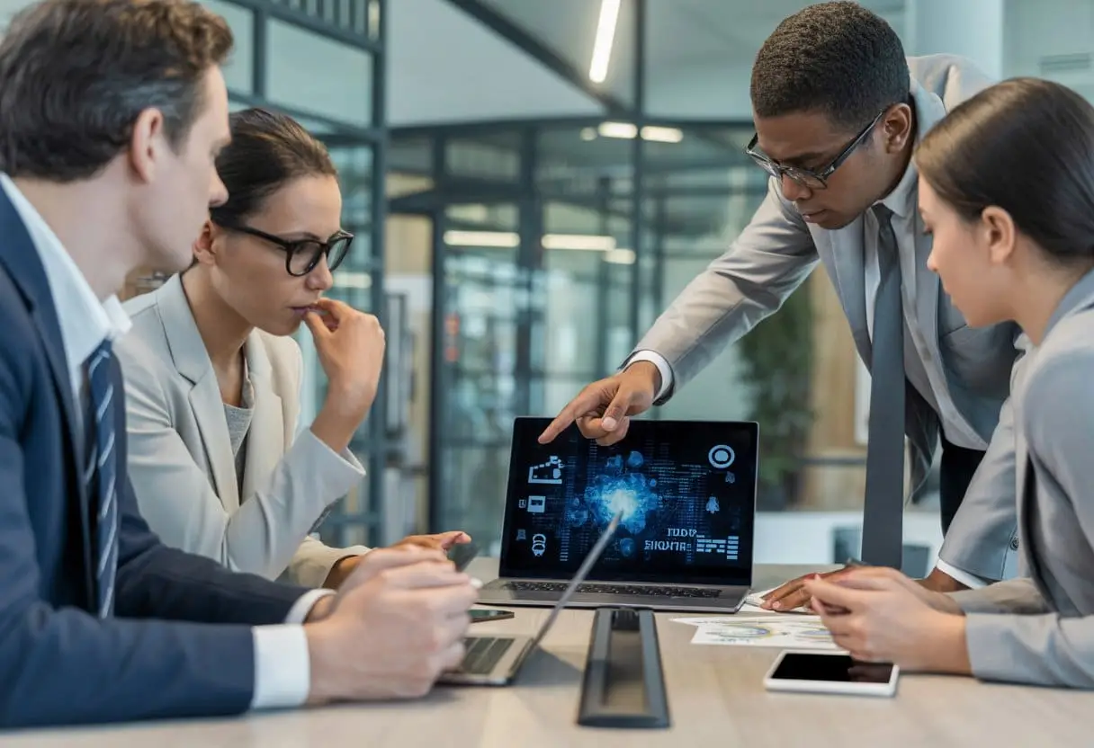 Databreach melden: wanneer bent u daartoe verplicht? Alles over de meldplicht datalekken 3 Een groep zakelijke professionals bespreekt gegevensbeveiliging in een moderne kantooromgeving.