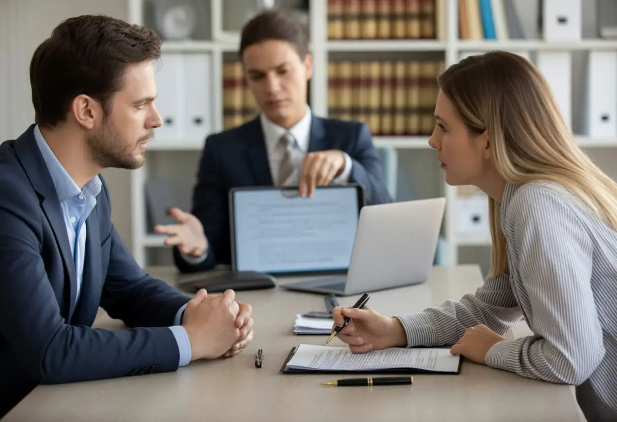 Twee mensen zitten tegenover elkaar aan een tafel met documenten, een advocaat bespreekt de situatie in een kantoor.